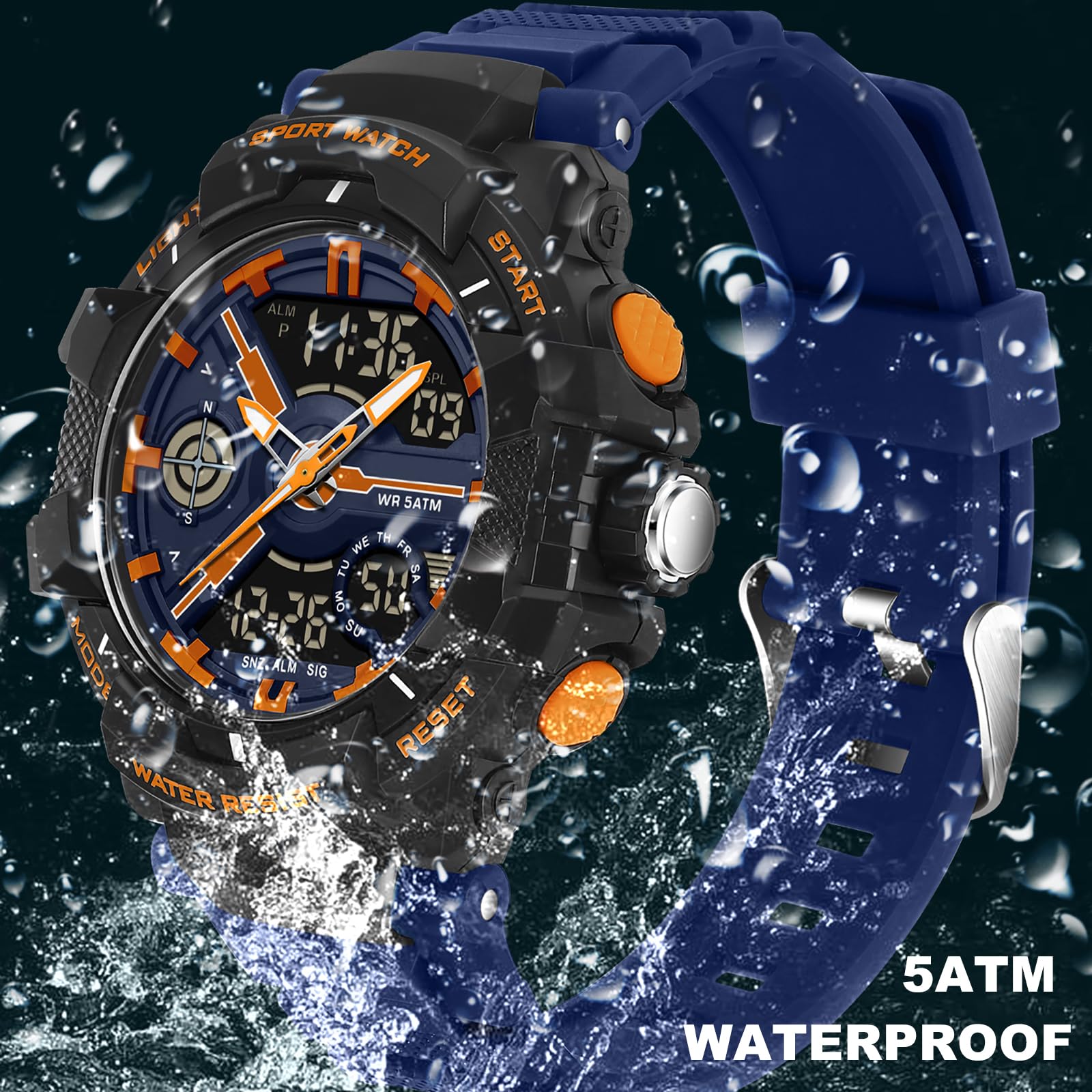 findtime Relojes para hombre y niño, analógico, digital, de cuarzo, naranja, reloj de pulsera con alarma, cronómetro, dos zonas horarias, LED, resistente al agua 5 ATM, relojes deportivos para hombres