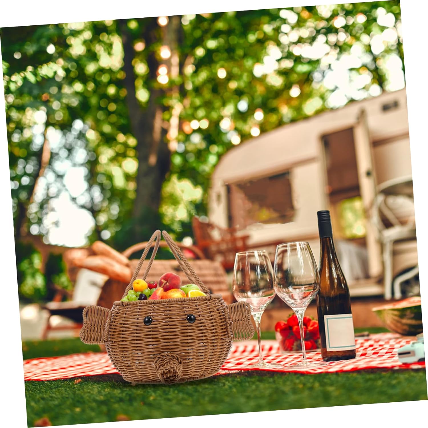Creative Hand-woven Pig Shape Picnic Basket Imitation Rattan Fruit Organizer for Home Storage Decoration Adorable Multi-purpose Food Holder Compact Sturdy Construction for Picnics