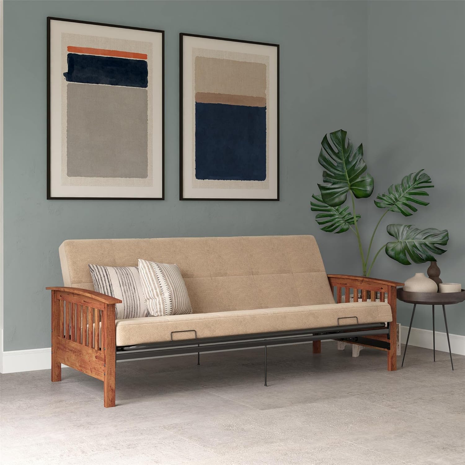 Gray Linen Reclining Futon with Dark Wood Arms and Metal Frame
