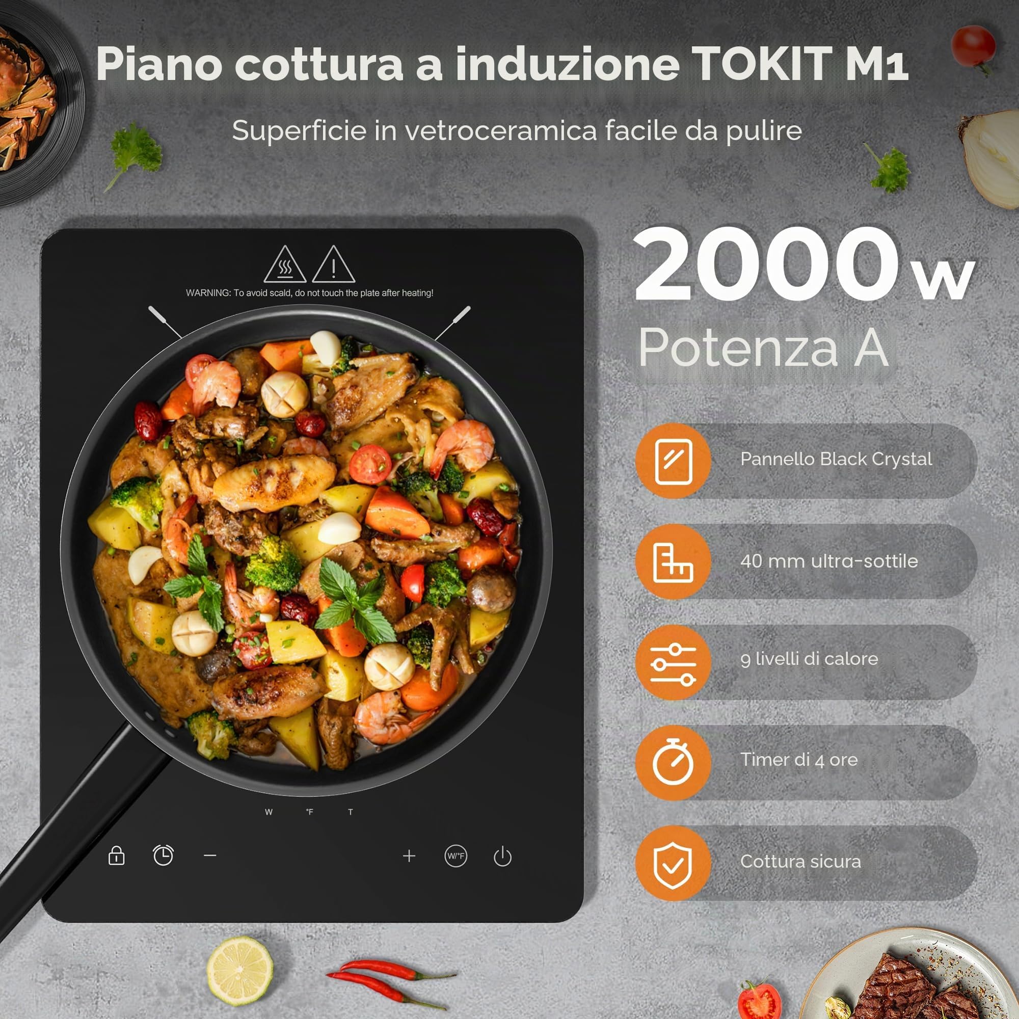 Piastra Di Cottura A Induzione 2000 W, Piano A Induzione M1 Con 9 Livelli Di Potenza, Timer Da 90 Minuti, Ultrasottile 40 MM, Nero Per Cucina, Dormitorio E Campeggio