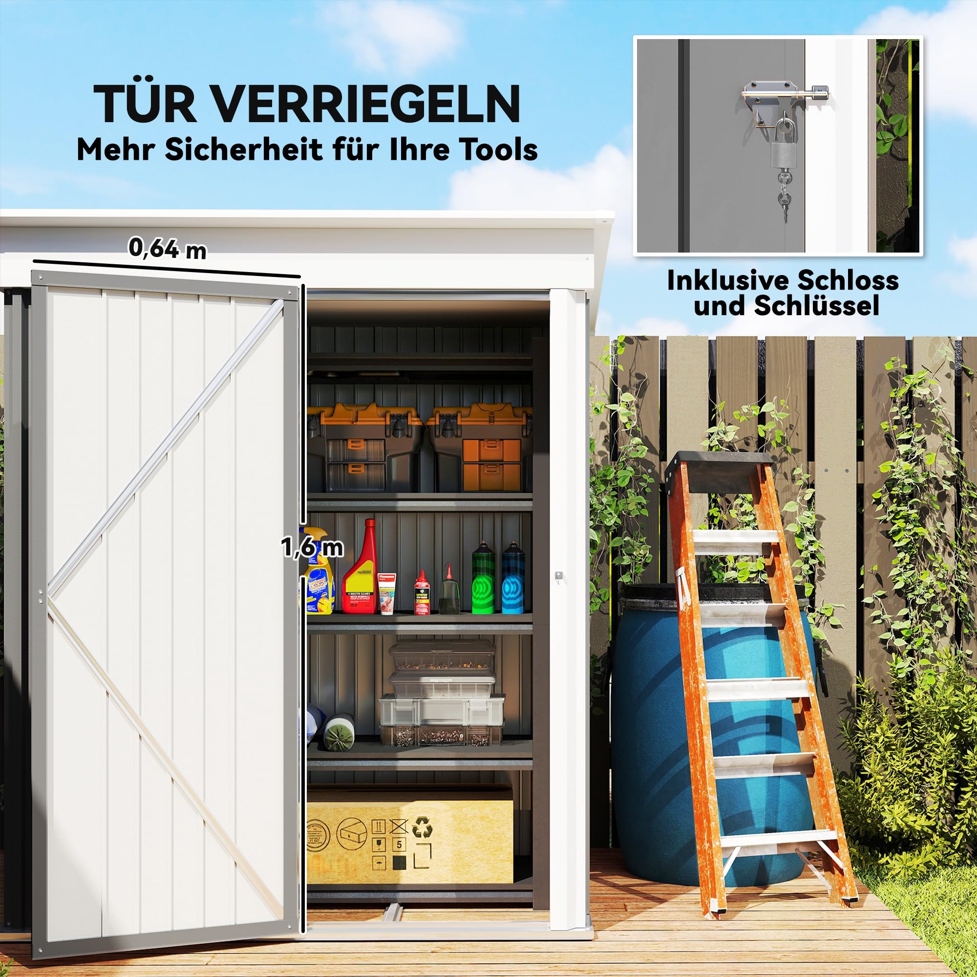 Outsunny Metall Gerätehaus 1,36m² mit Pultdach 161 x 95 x 181cm Grau | Fundament, Verstellbare Regale, Abschließbare Tür, Wetterfest, Geräteschuppen, Gartenhaus, Outdoor Garten Schuppen