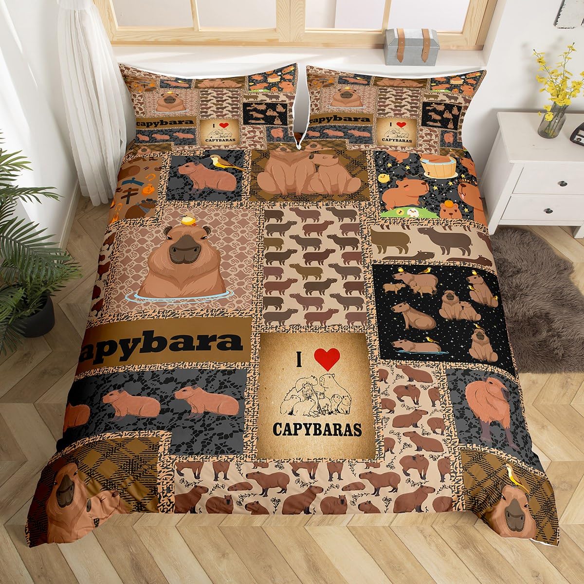 Loussiesd Brown Capybara Duvet Cover Cute Capybara Bedding Set for Kids Cartoon Capybara Comforter Cover Funny Cute Capybara Bedspread Cover Breathable Bedding Collection 3Pcs King