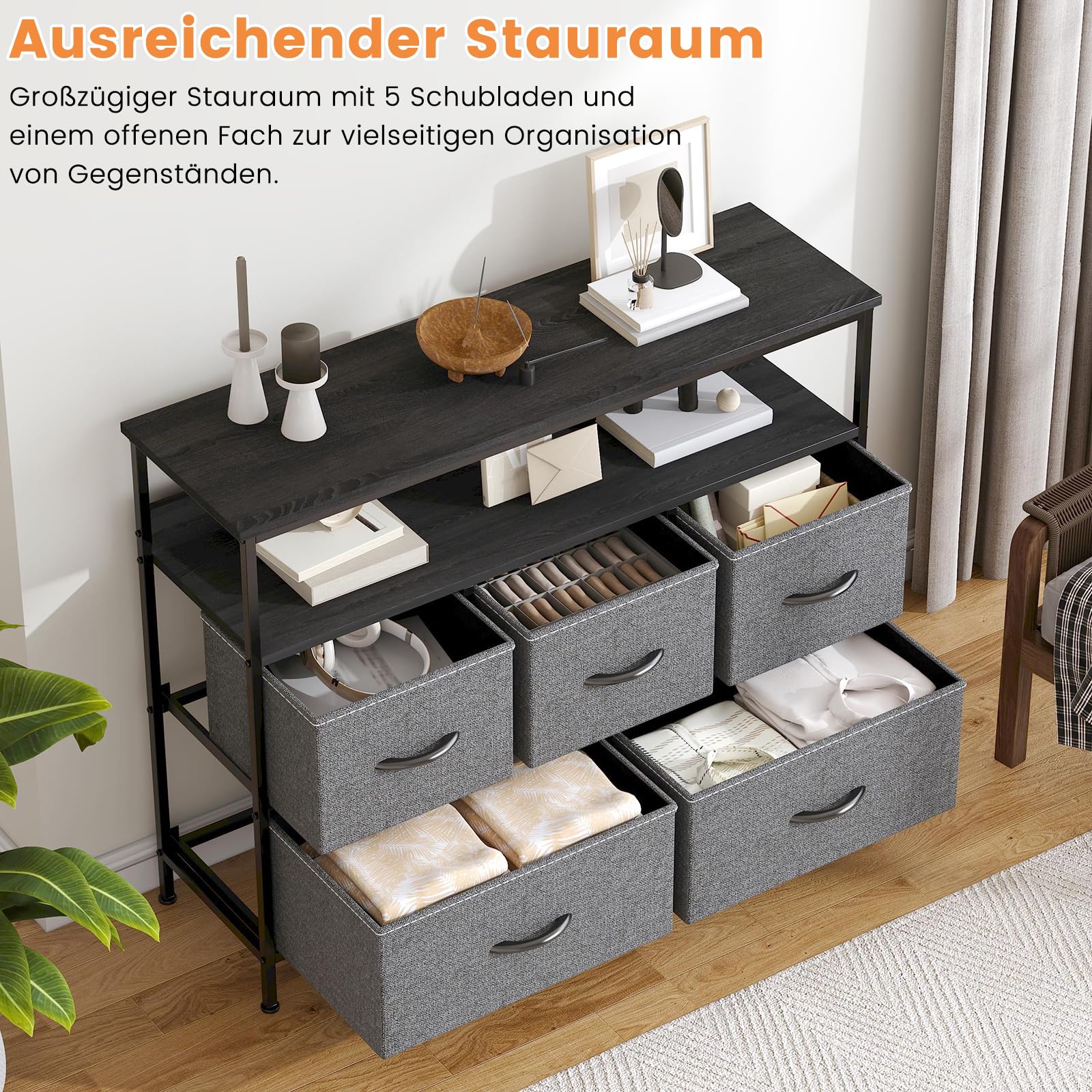 Kommode mit TV-Aufsatz, 5 Stoffschubladen – Stoff Kommode Schlafzimmer, stabilem Stahlrahmen & MDF-Platte | Kommode Organizer, Aufbewahrungsmöbel für Schlafzimmer, Wohnzimmer & Flur, Dunkelgrau