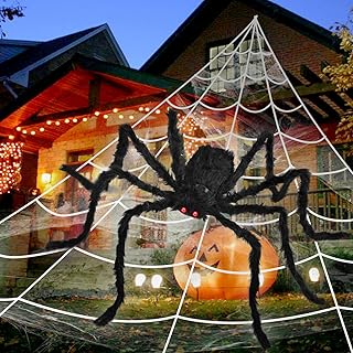 Halloween Spider Decorations 3PCS Giant Spider Huge Spider Web Stretch Web Component of Huge Spider and Mega Spider Web Halloween Party Supplies Yard Halloween Outdoor Décor Haunted Decoration