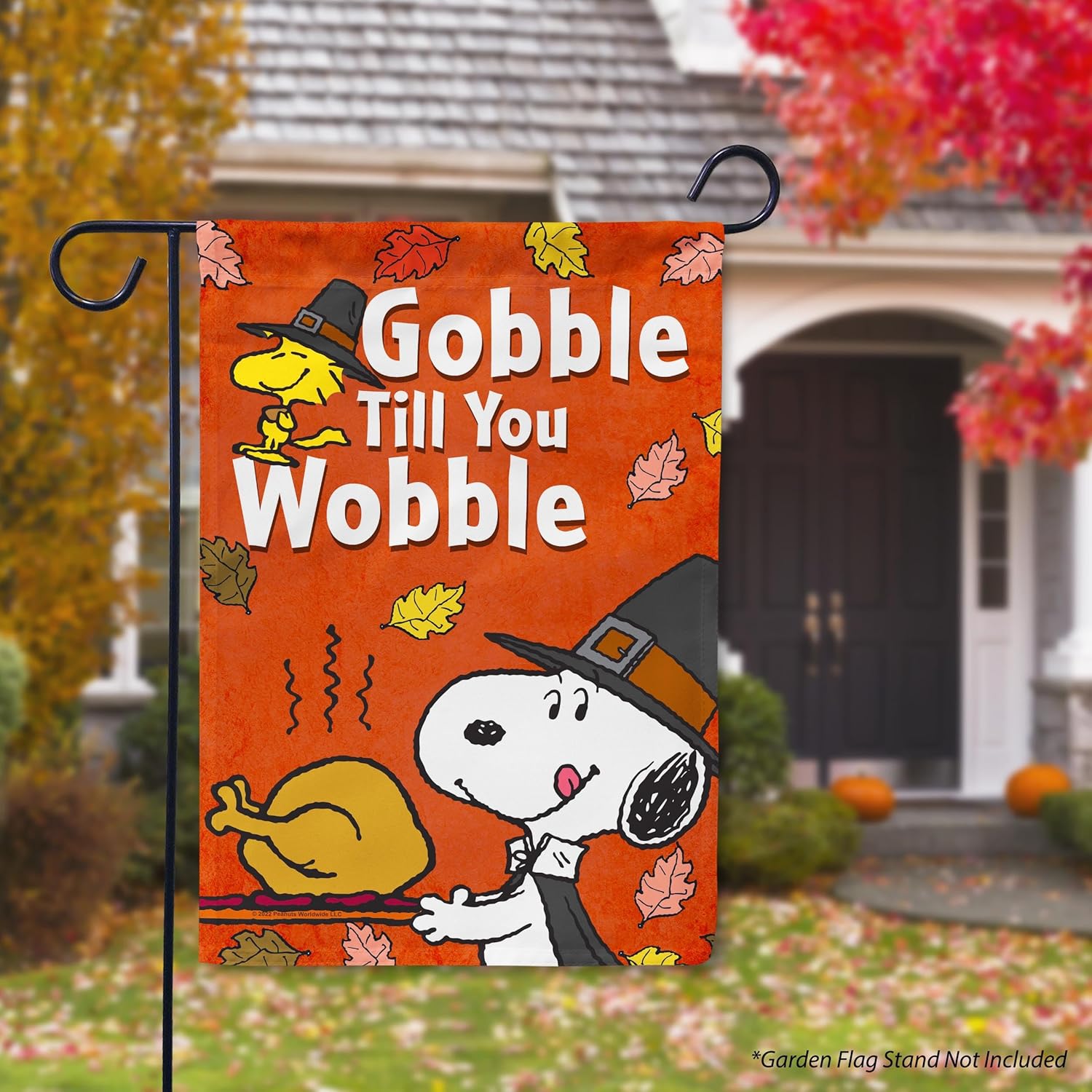 Flagology, PEANUTS Snoopy Gobble till You Wobble – Garden Flag 12" x 18", Outdoor Flag, Exclusive Premium Fabric, Officially Licensed PEANUTS®, Thanksgiving