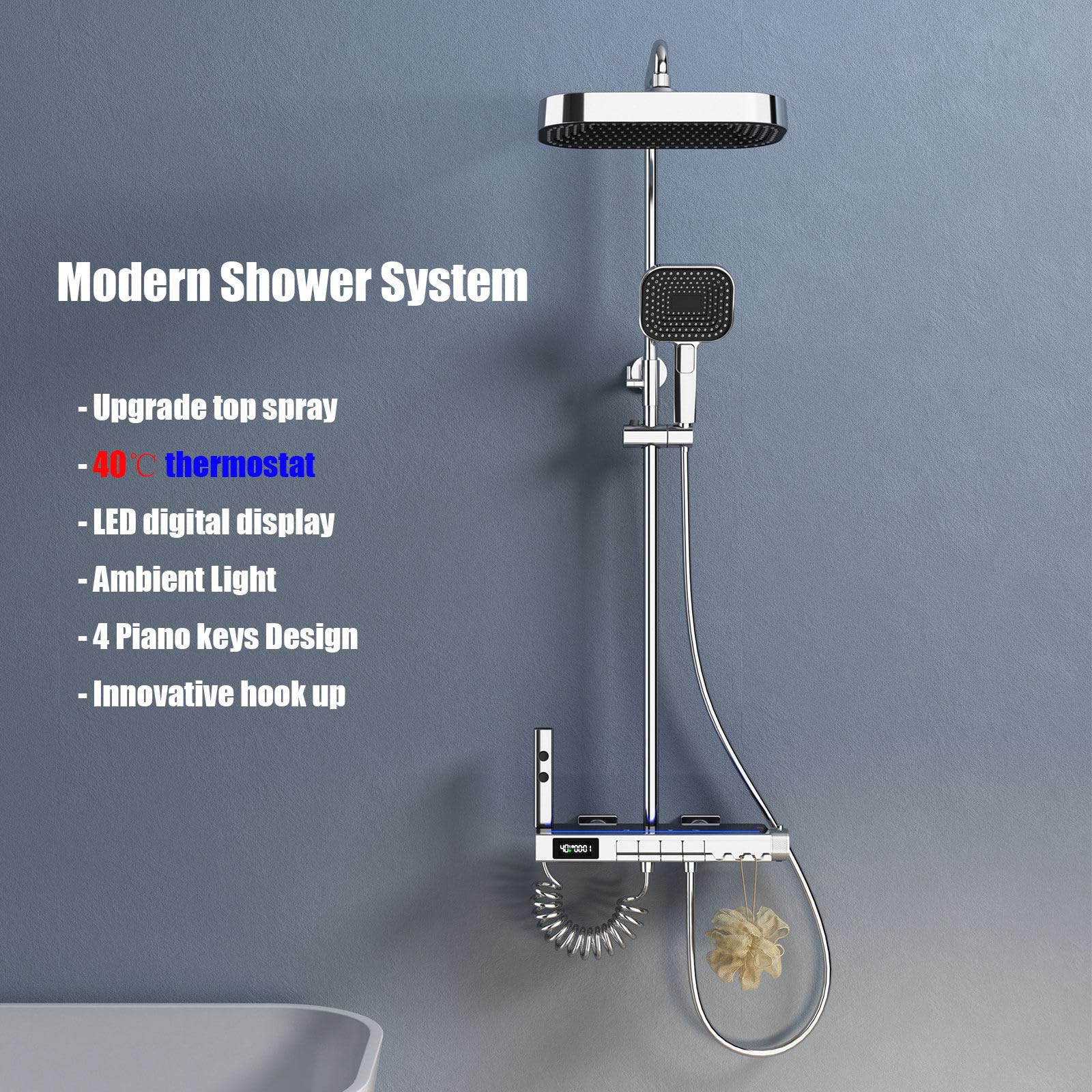 Termostatyczny system prysznicowy 325x200 mm Ulepszona kwadratowa głowica prysznicowa z deszczownicą Cyfrowy wyświetlacz Oświetlenie otoczenia Zestaw baterii,Chrom