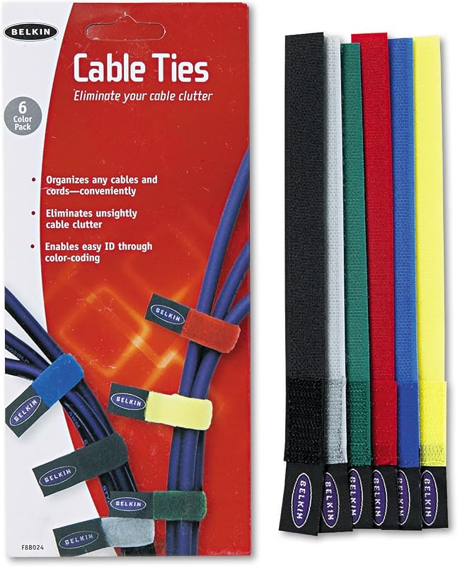 Velcro Cable Ties, 8in, 6 Pack | Reusable hook-and-loop ties for organizing cables and cords, ideal for home, office, and travel