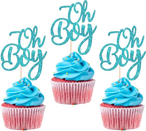 Paquete de 24 adornos para cupcakes Oh Baby Shower con purpurina It's A Boy para cupcakes decoraciones para revelación de género para baby shower,