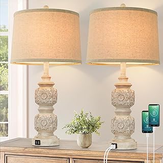 Farmhouse Table Lamps Set of 2, 26” Tall Nightstand Lamps with USB Ports, Washed White Carved Floral Bedside Lamps with Fabric Shade, Rustic Resin Desk Lamp with Rotary Switch for Living Room Bedroom