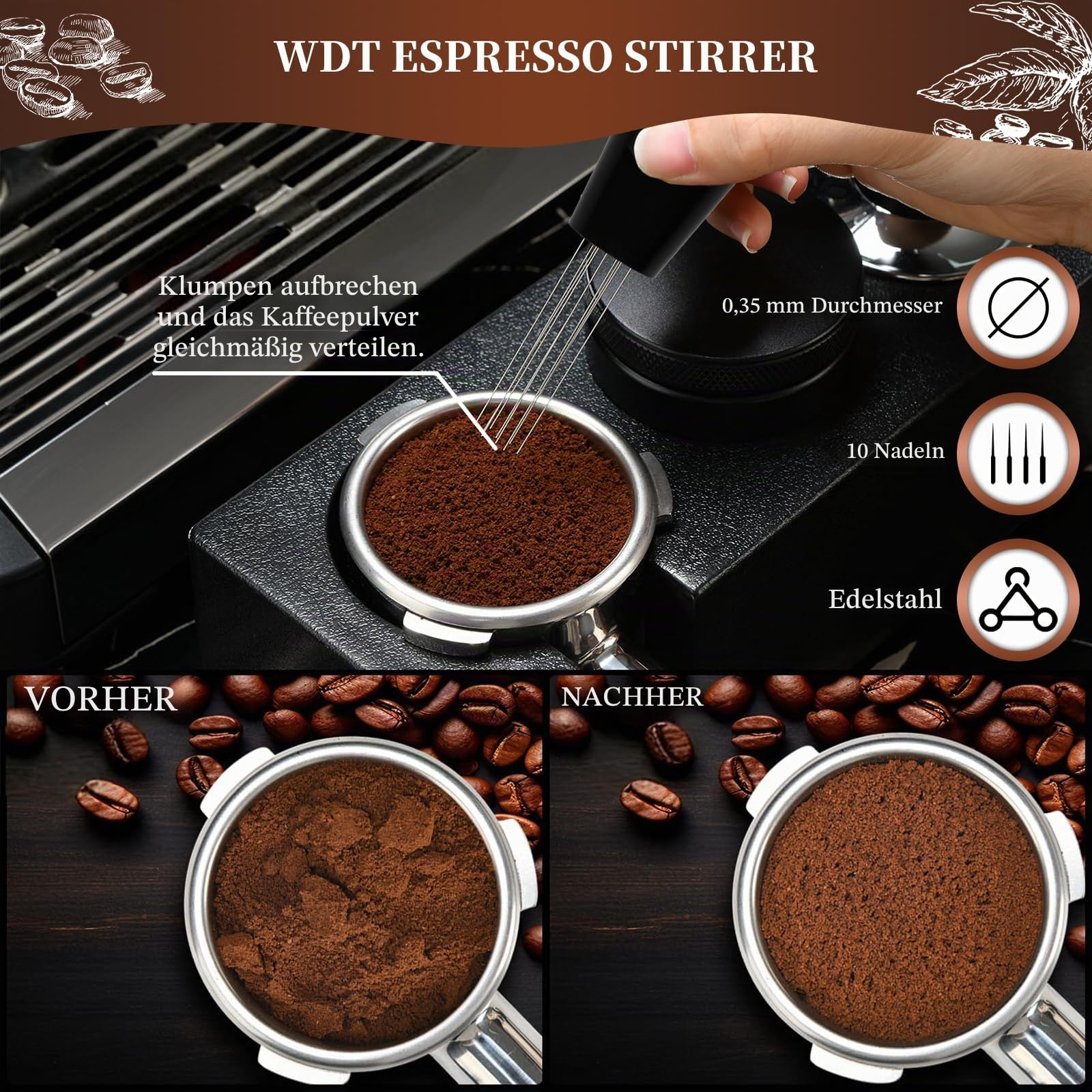 Espresso Tamper Set 51mm, 8-Teiliges Espresso Zubehör mit Tamper, Distributor, Kaffee Dosierring, WDT Tool, Puck Screen, Tamperstation aus Holz, Reinigungsbürste & Latte Art Pen, Barista Zubehör