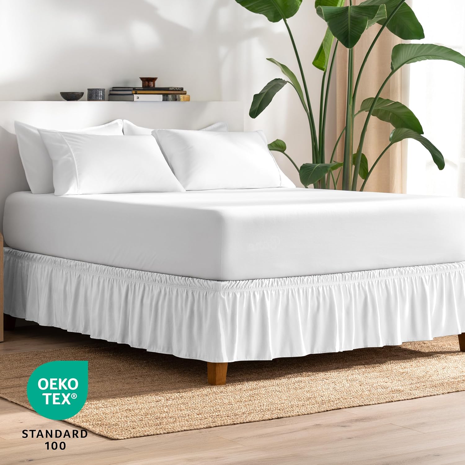 Bare Home Wrap Around Bed Skirt - for Queen Size Beds with 15 inch Tailored Drop - Easy Fit Elastic Strap - Adjustable and Ruffled Style - Wrinkle, Fade, and Stain Free (Queen, White)