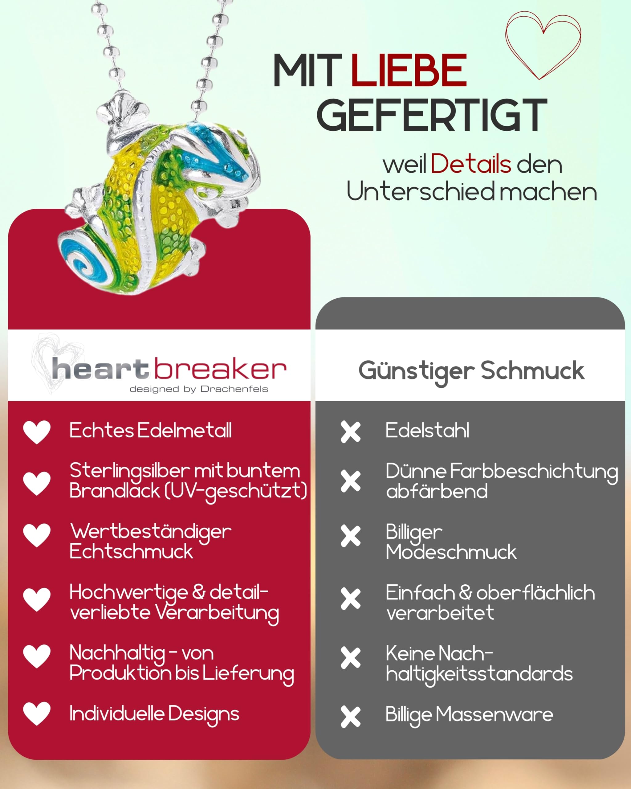 Heartbreaker Chamäleon Anhänger I Edler Kettenanhänger aus 925 Sterling Silber I Nickelfreier Silber-Anhänger mit Brandlack veredelt I In Goldschmiedequalität gefertigt I LD CH 31
