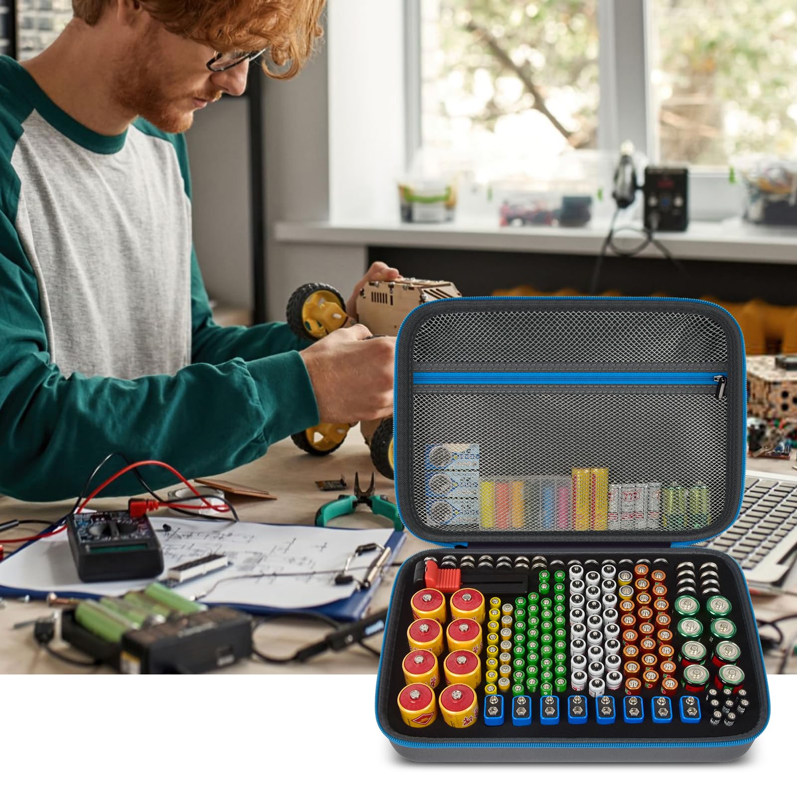 Organisateur de piles boîtier de rangement étui boîte avec contrôle de test BT-168. Contient 225 piles AA AAA C D-cell 9 V 3 V lithium (bleu, grand)