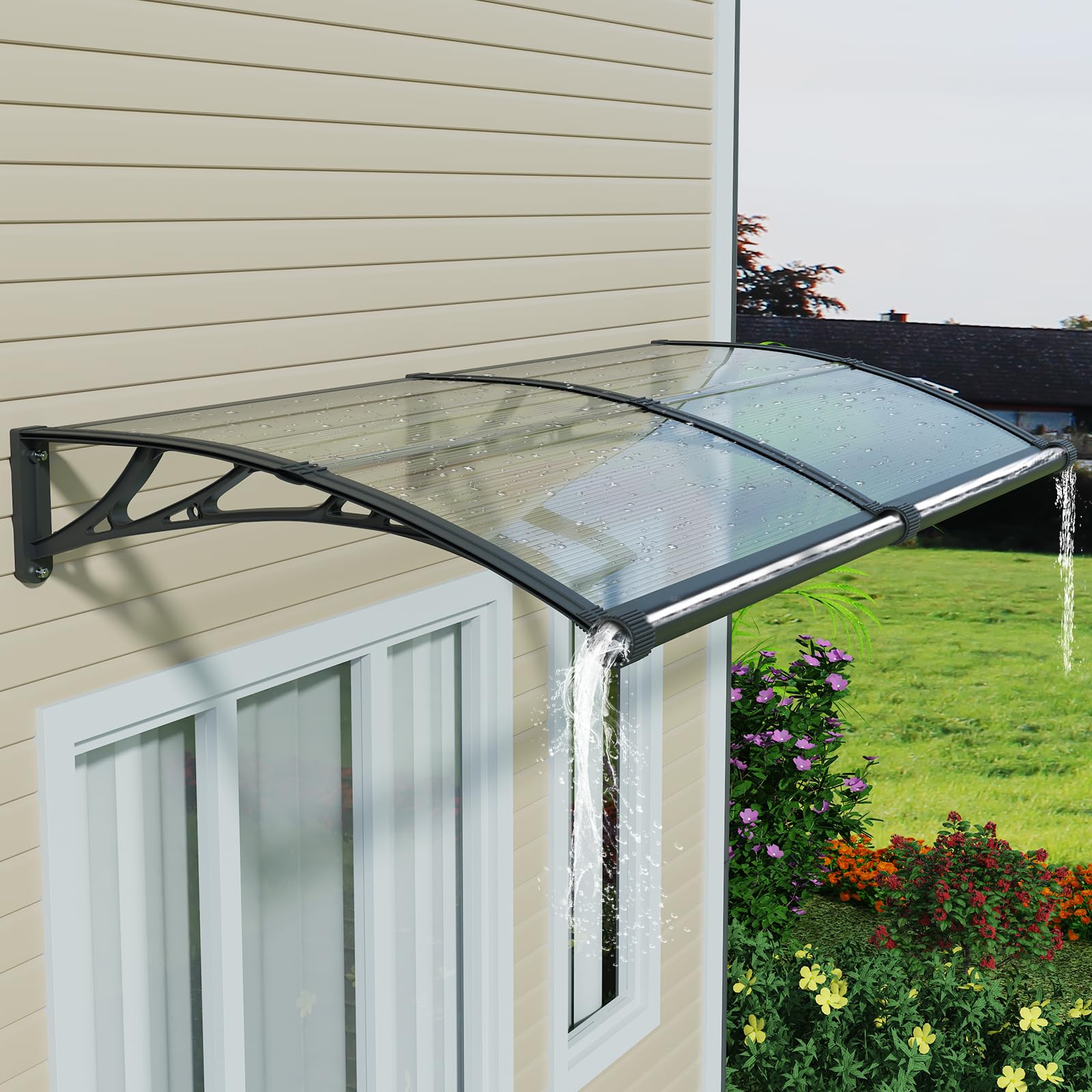 GUANSU-CN Door Canopy Outdoor Waterproof – UV Resistant Polycarbonate Door Awning with Gutter, 80x150cm Front Porch Canopy for Rain Snow Sun