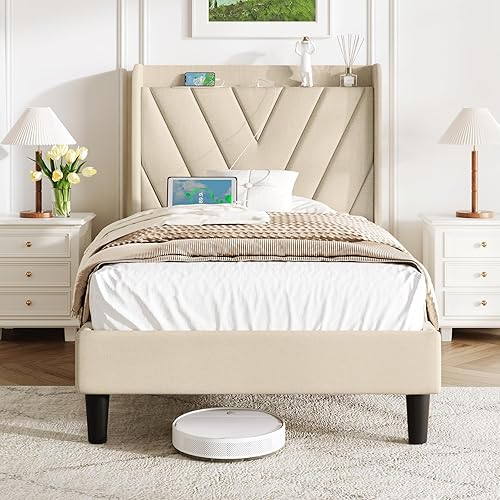 Base de cama tamaño matrimonial, marco de cama tapizado ajustable con puertos tipo C y USB, cabecera de almacenamiento con respaldo de ala, soporte