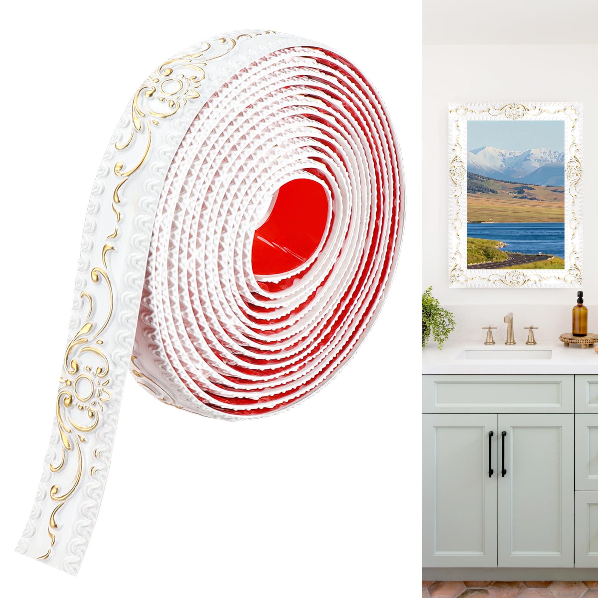 JUNART Flexible Wall Trim, 600cm×3.6cm Peel and Stick Moulding Trim, Self-Adhesive Coving for Ceilings, 3D Wall Trim for Wall, Mirror, Frame, Cabinet, Tile, TV Background(White Gold)