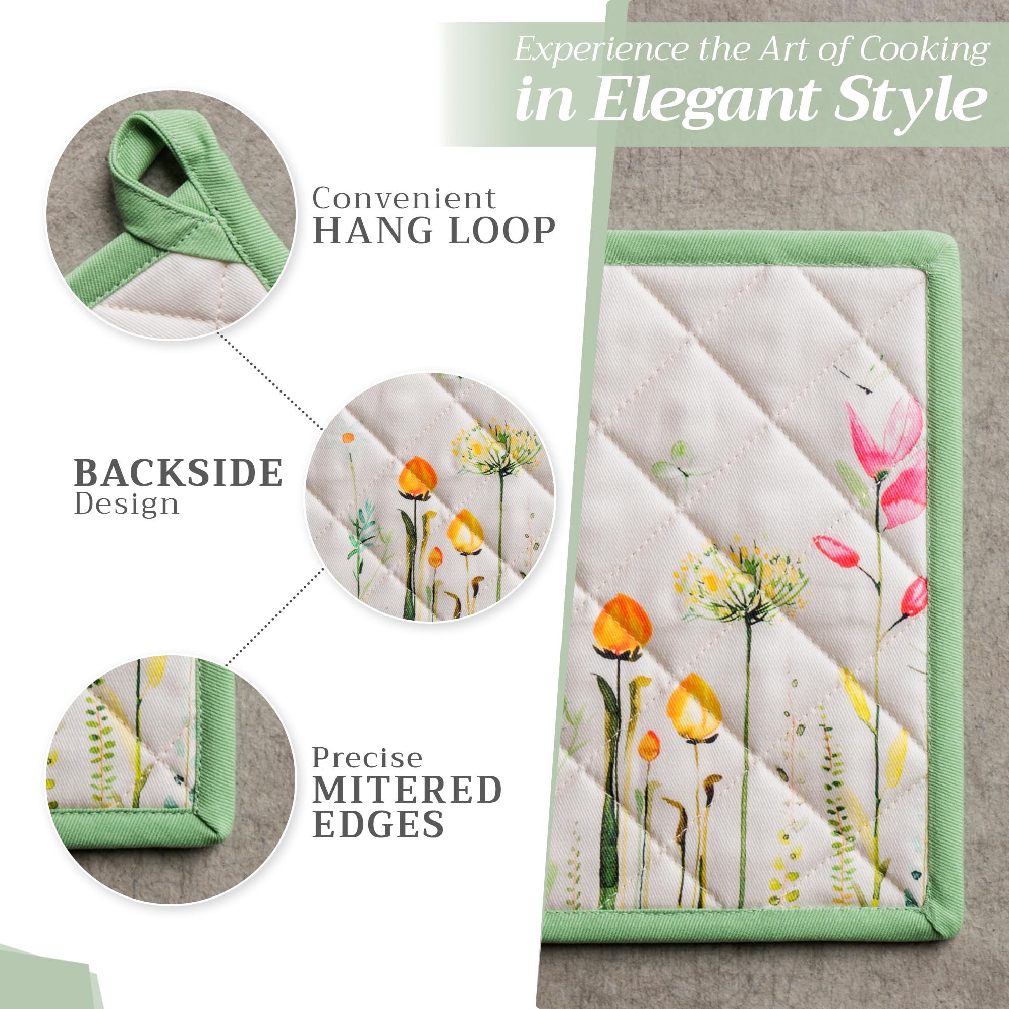 Maison d' Hermine Set di presine, 100% cotone, resistenti al calore, 20 cm x 20 cm, con anello per barbecue, per maneggiare padelle calde, Primavera Estate (Botanical Fresh, confezione da 2)