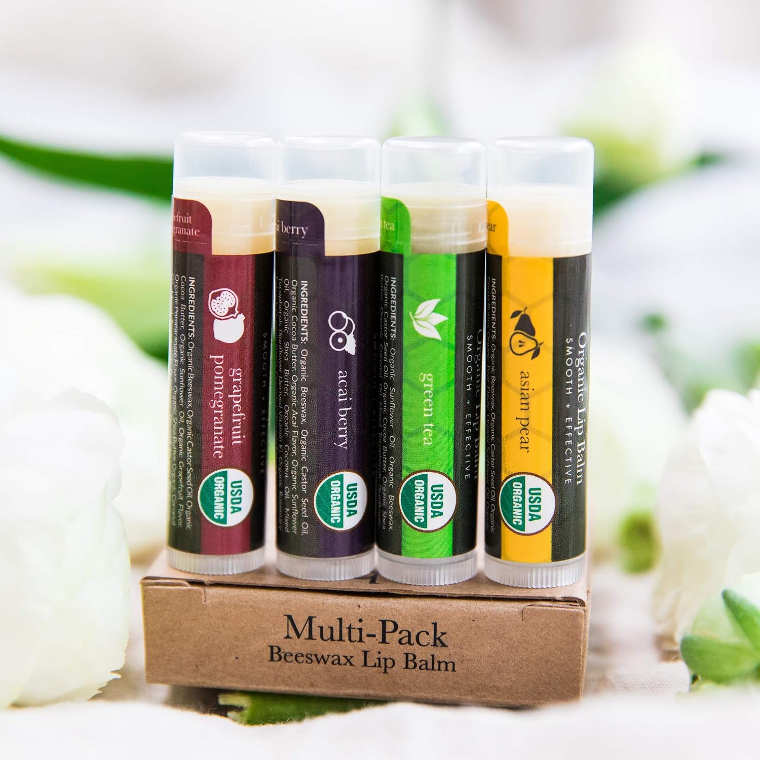 Organic Lip Balm Multi Pack; 4 Tubes of Fruit Flavored Moisturizing Natural Beeswax Chapstick with Aloe Vera, Shea Butter, Coconut Oil; Therapy and Repair Dry Chapped Cracked Lips For Men and Women