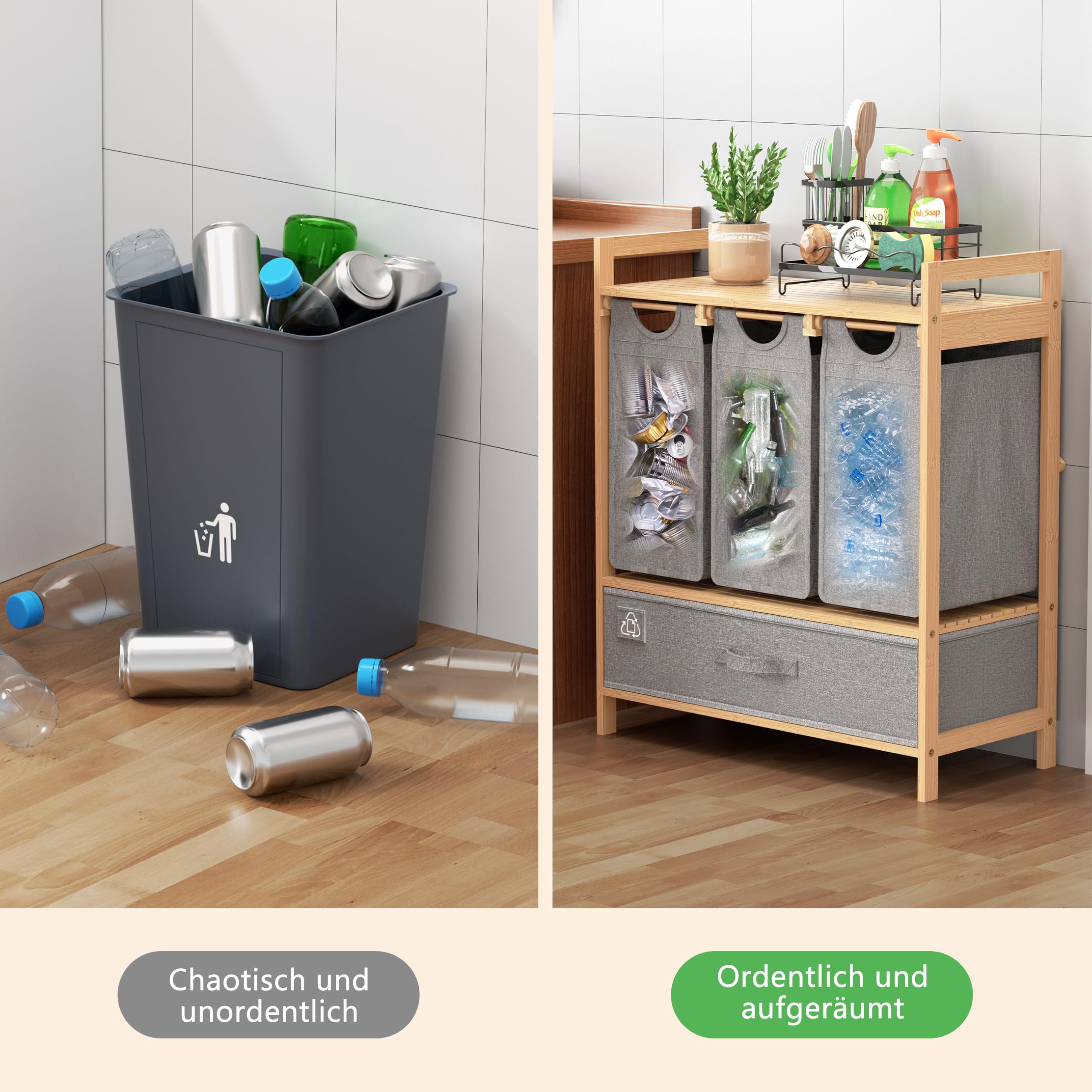 Mülleimer Küche 4 Fächer - Mülltrennsystem 4fach - Küchenmülleimer | MY FAT GORILLA Küchen Mülleimer - Mülltrennsysteme für PET, Glas, Dosen & Altpapier - Mülltrennsystem (Grau)