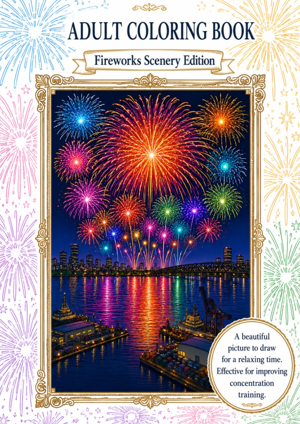 Japanese Fireworks and Landscape Painting: a Coloring Book for Adults
