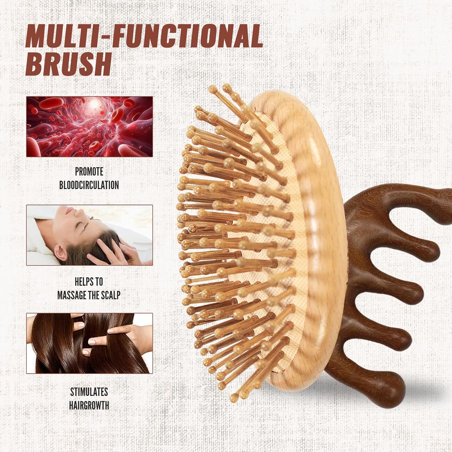 2Pcs Bamboo Scalp Massager Hair Growth, Anti-Static Wooden Brush