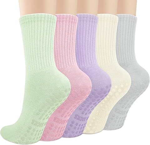 5 Pares Calcetines de Pilates con Agarres para Mujeres - Algodón Suave Antideslizantes para Yoga Barra de Ballet Baile Gimnasio Fitness Trampolín Hospital y Hogar