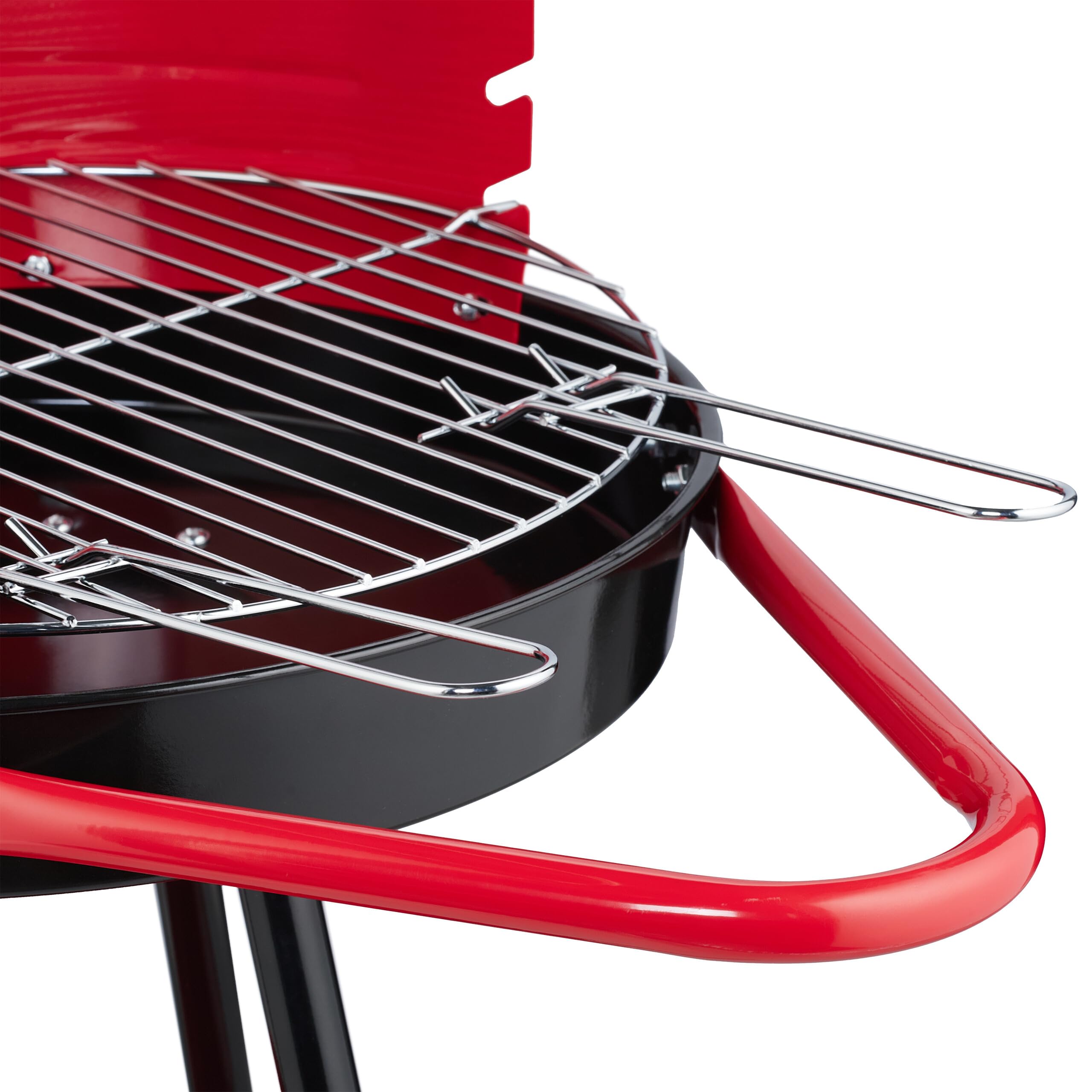 Relaxdays Barbecue Charbon de Bois Ø 42 cm, Grill Rond sur Roues, Protection Contre Le Vent, Noir/Rouge