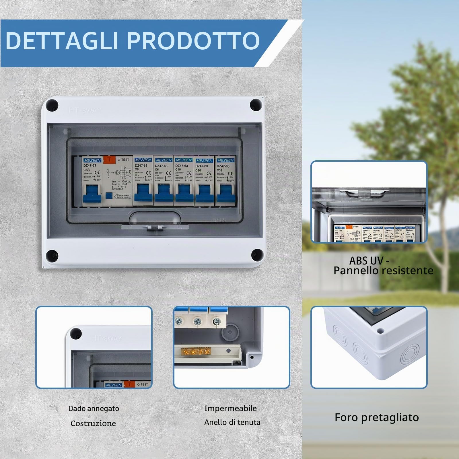 BigKing Scatola di Distribuzione Impermeabile a 8 Vie IP65 e Interruttore Automatico, Include 1P+N63A+6A+6A+10A+20A+32A, Tipo AC 63A/30mA FI RCD