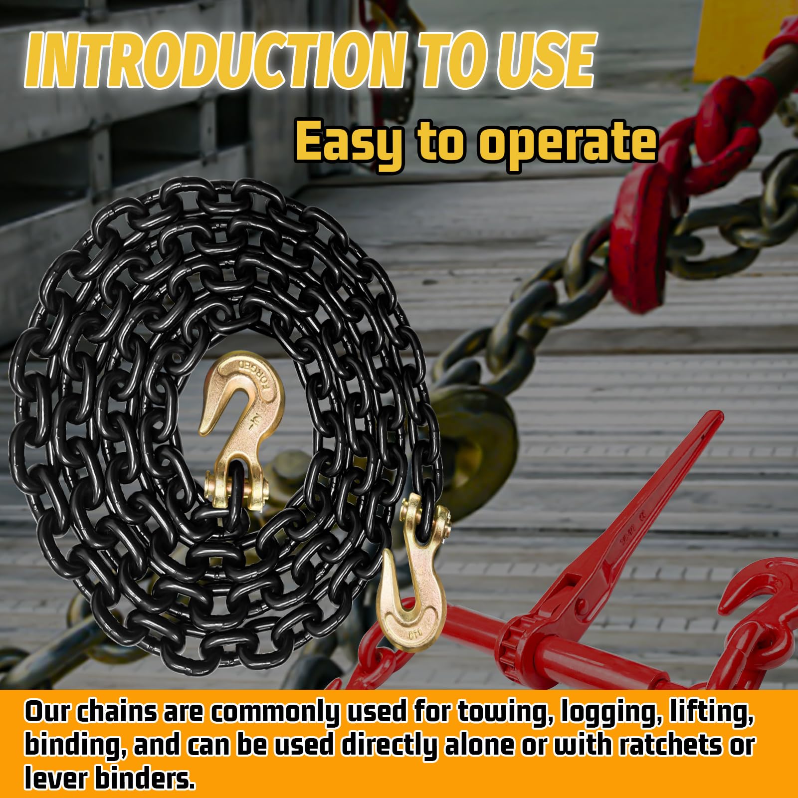 YATOINTO G80 Transport Binder Chain 1/2 Inch X 10 Foot Safety/Binder Chain With Clevis Grab Hooks 12,000 Lbs Safe Working Load Logging Chain For Transporting Towing Tie Down Binding Equipment