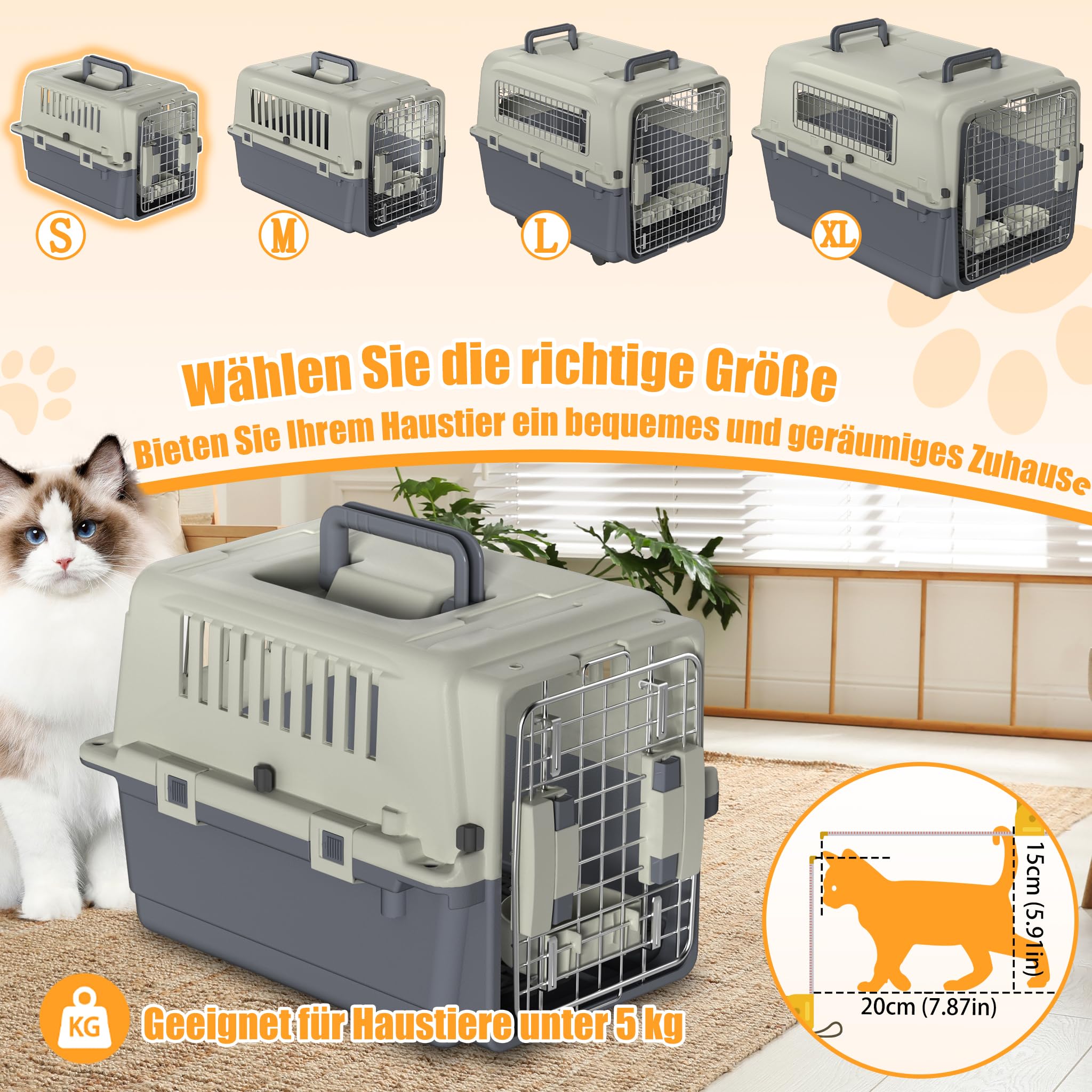 XMTECH Hundetransportbox Transportbox Flugzeugbox für Tiere, Reisebox für Hunde, mit Sicherheitsverriegelung & Lüftungsgitter, L 50 x B 34 x H 32 cm