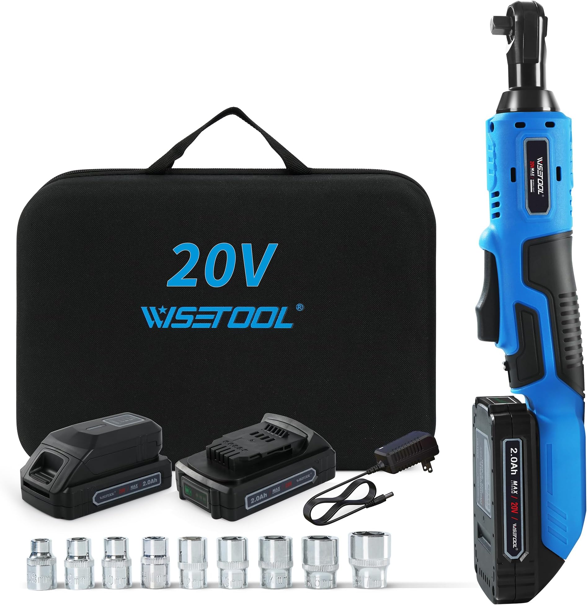 WISETOOL 20V Cordless Electric Ratchet Wrench Set,3/8" Power Ratchet Wrench Kit with 2-Pack 2000mAh Lithium-Ion Batteries,Max Torque 60N.m(44.25 ft-lbs),Variable Speed