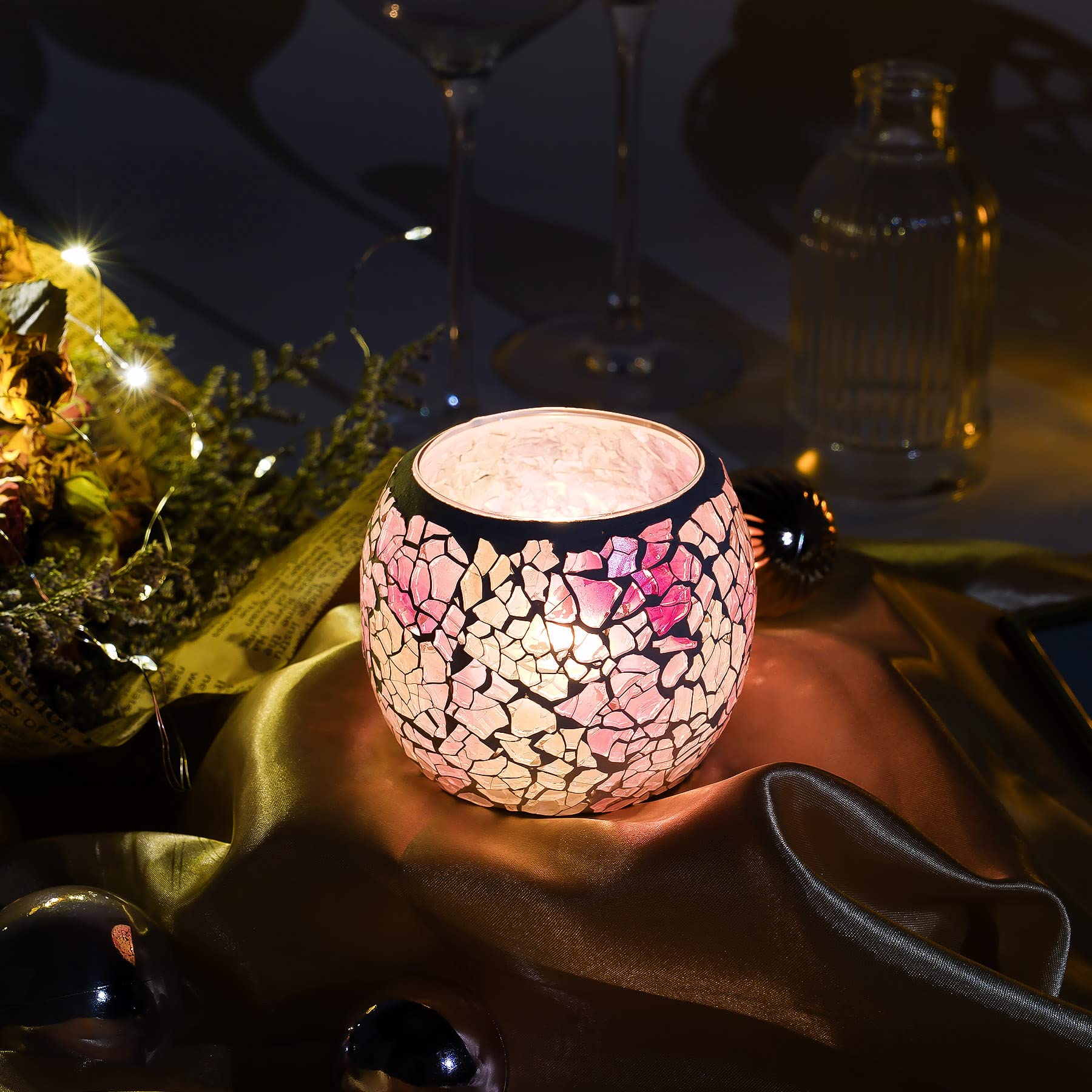 Larcenciel Porta Candele Rosa, Mosaico Portacandele in Vetro per La Decorazione Della Tavola e Della Casa, Piantana per Tea Light Fatta a Mano, Lanterne per Matrimoni, Feste, Compleanni, Natale