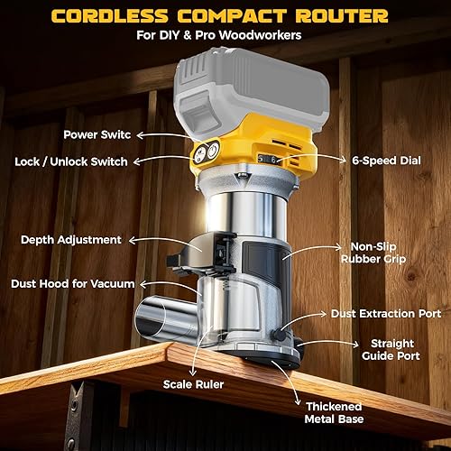 Miniatura 2 de DIYtoolifz Herramienta de enrutador inalámbrico compatible con batería DeWalt de 20 V (solo herramienta), enrutador de madera sin escobillas de 800