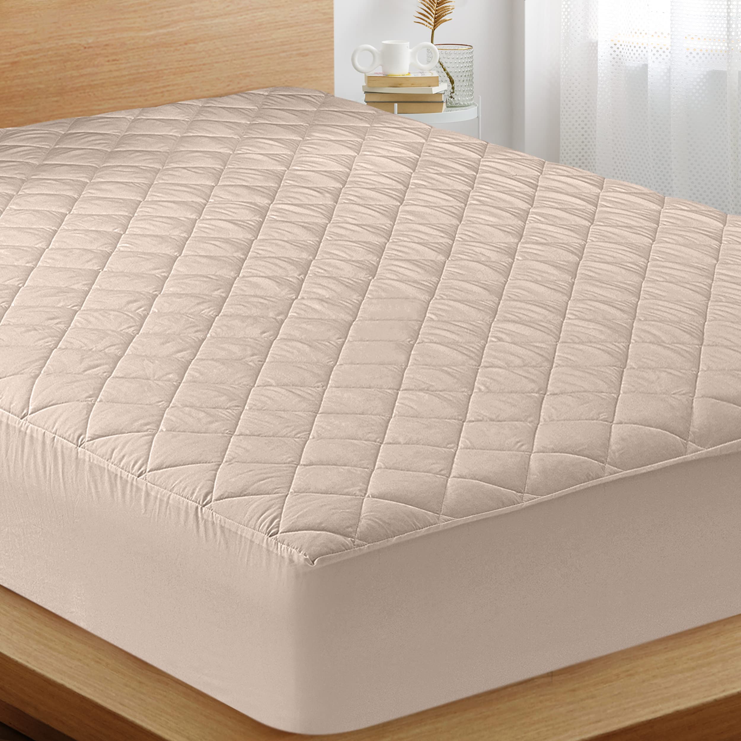 Utopia Bedding Quilted Fitted Mattress Pad, King Size, Elastic Fitted Mattress Topper Protector and Cover Stretches up to 16 Inches Deep, Machine Washable (Beige)