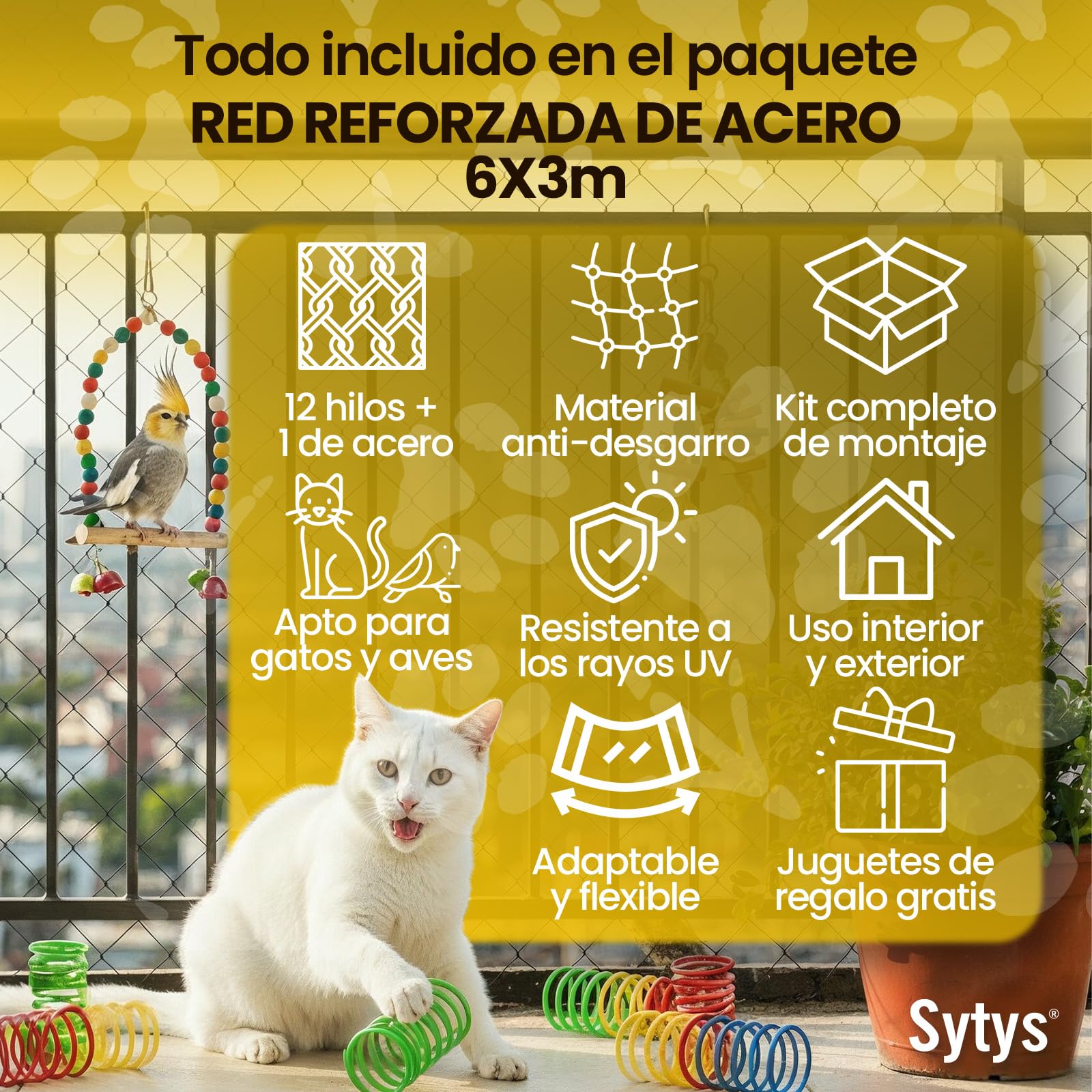 Red para Gatos Terraza Reforzada con Acero de 6 x 3 m SIN Taladro + Kit de Instalación Incluido + 4 Juguetes Interactivos de Regalo | Fija o CORREDERA | Redes para Gatos para Balcon y Ventanas