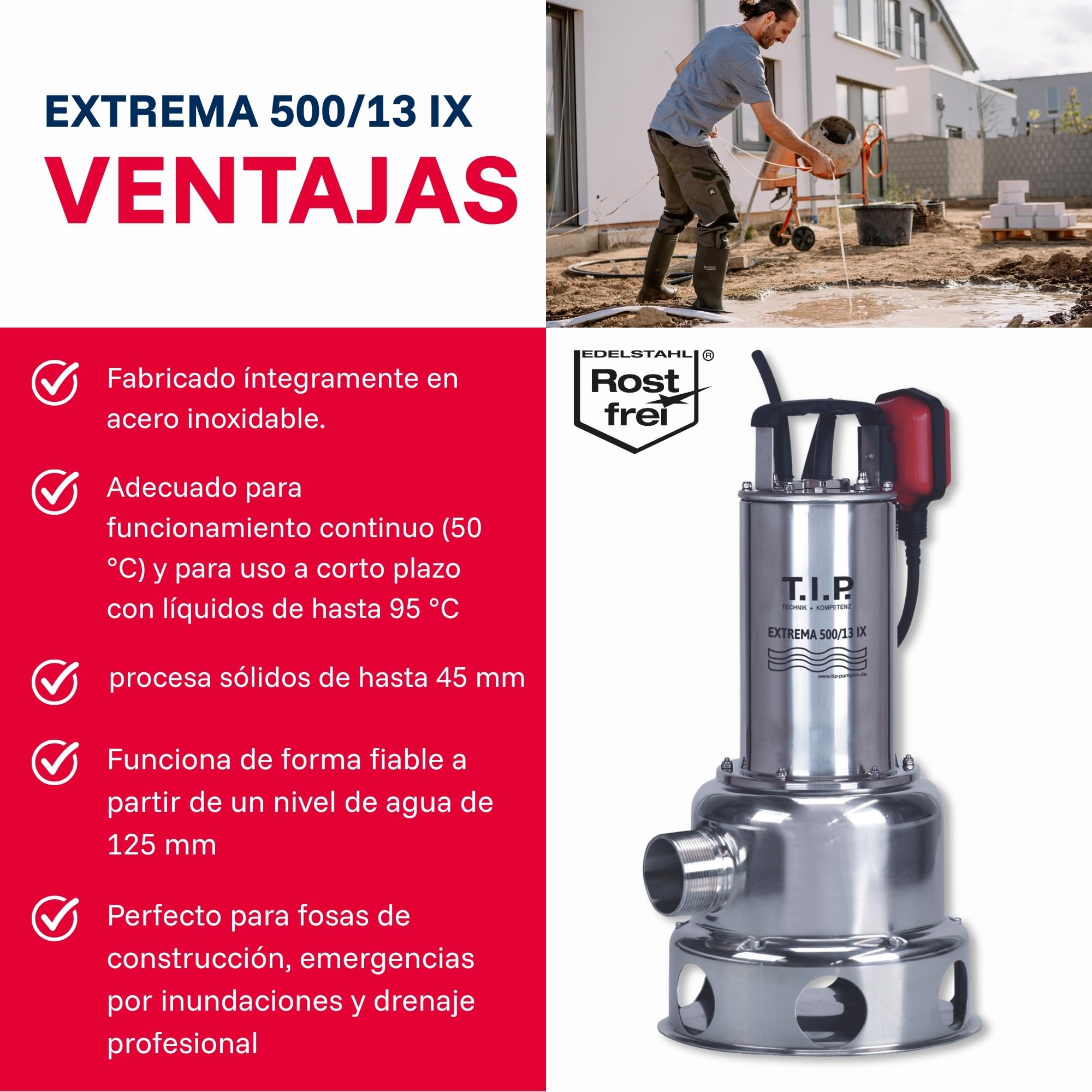 T.I.P. 30171 Bomba sumergible para aguas residuales Extrema 500/13 PRO de acero inoxidable, caudal de hasta 30 000 l/h