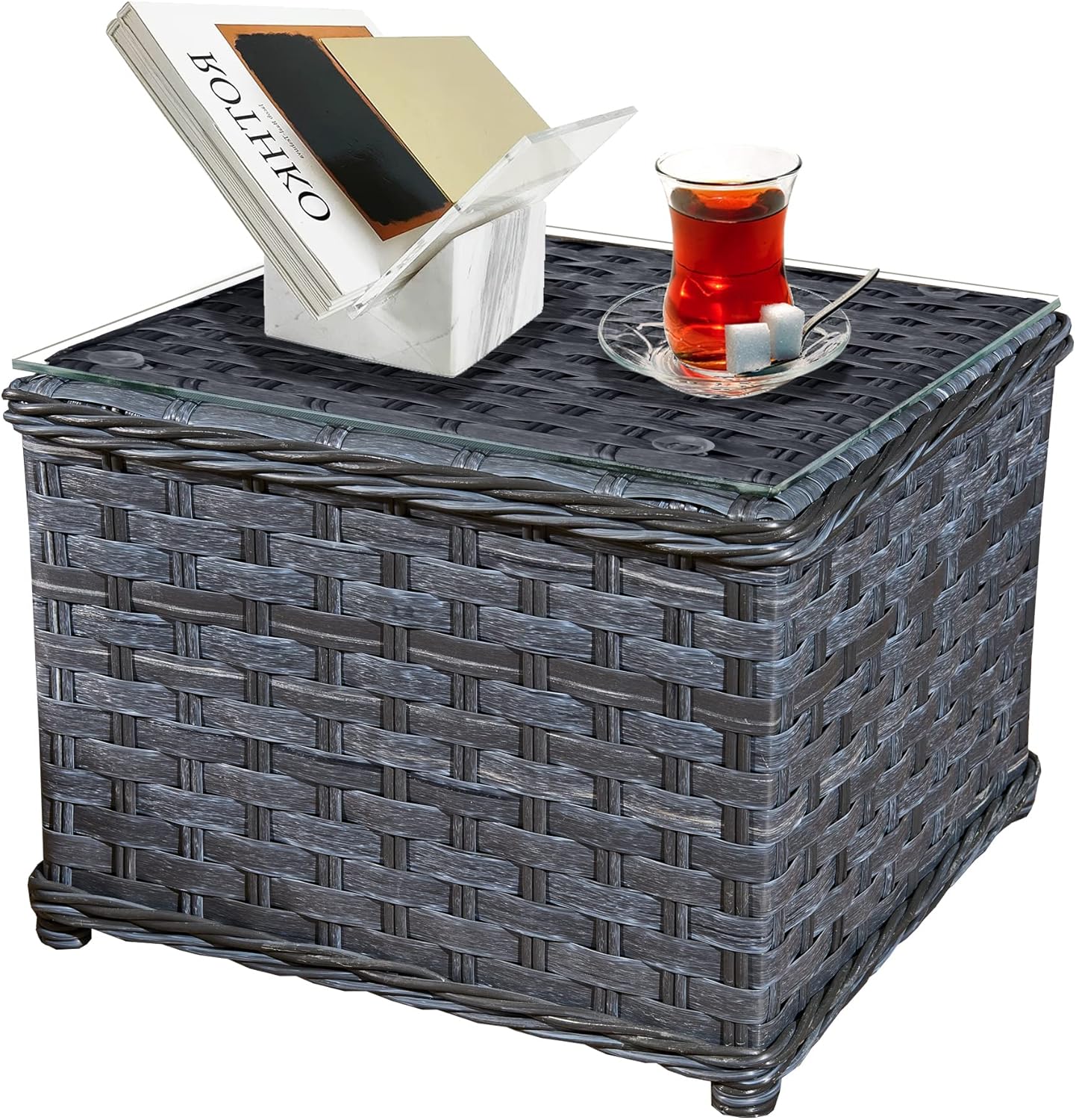 ASOWNSUN Grey Rattan Side Table Outdoor,Patio Coffee Table AllWeather