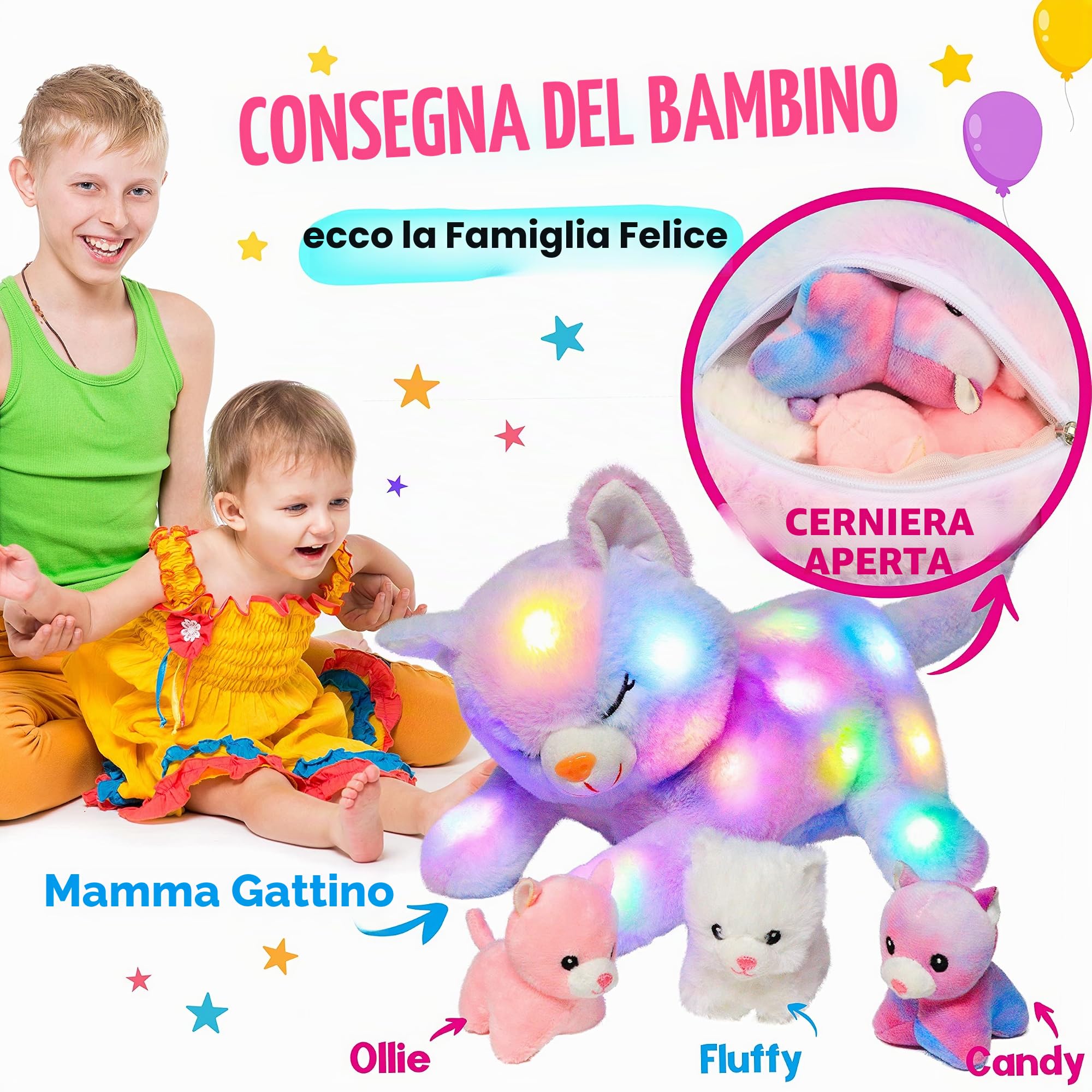 Hopearl Giocattoli di peluche a LED con 3 gattini nella pancia, regalo per bambini e bambine, arcobaleno, 45 cm