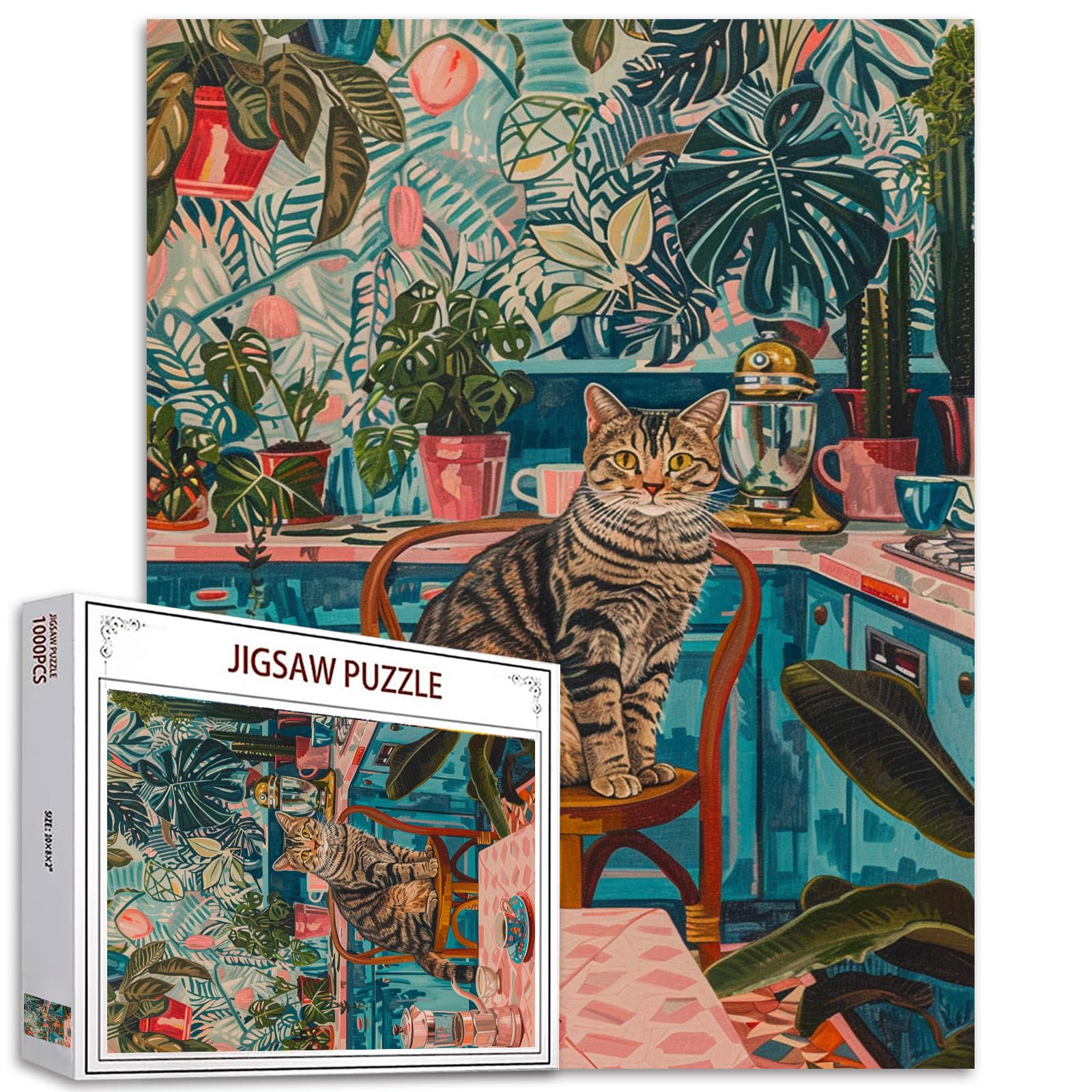 Cute Animal Jigsaw Puzzles 1000 Pieces for Adults, Families (Cat,Homeplant,Palm Tree,Coffee Cup) Pieces Fit Together Perfectly 19.7''x27.6''inch