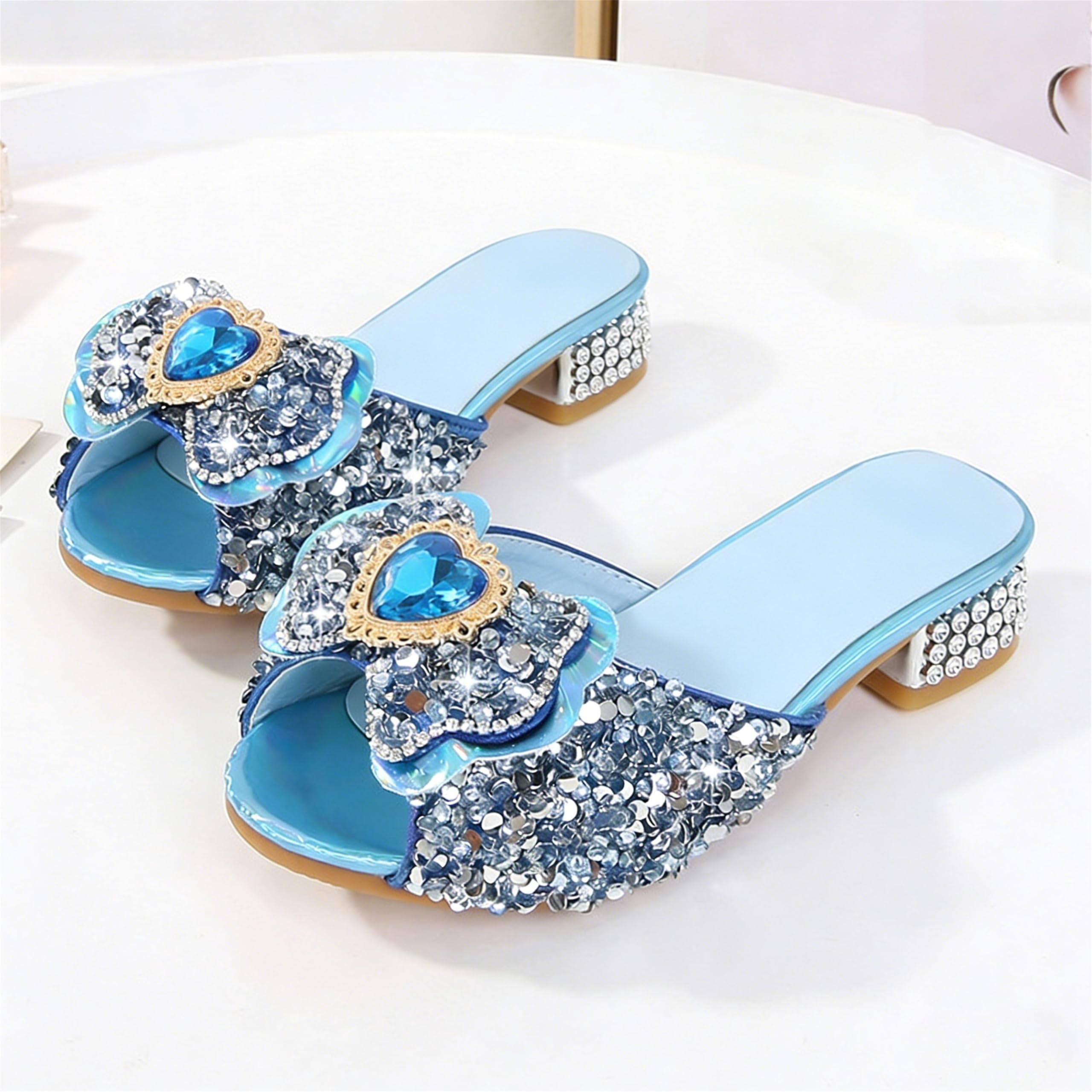 Princesse Fille Chaussures à Talon Haut Pantoufle Argenté Paillette Noeud Elsea Badge Semelle Elsea Imprimé Reine des Neiges Sandale Bouche de Poisson Noël Halloween