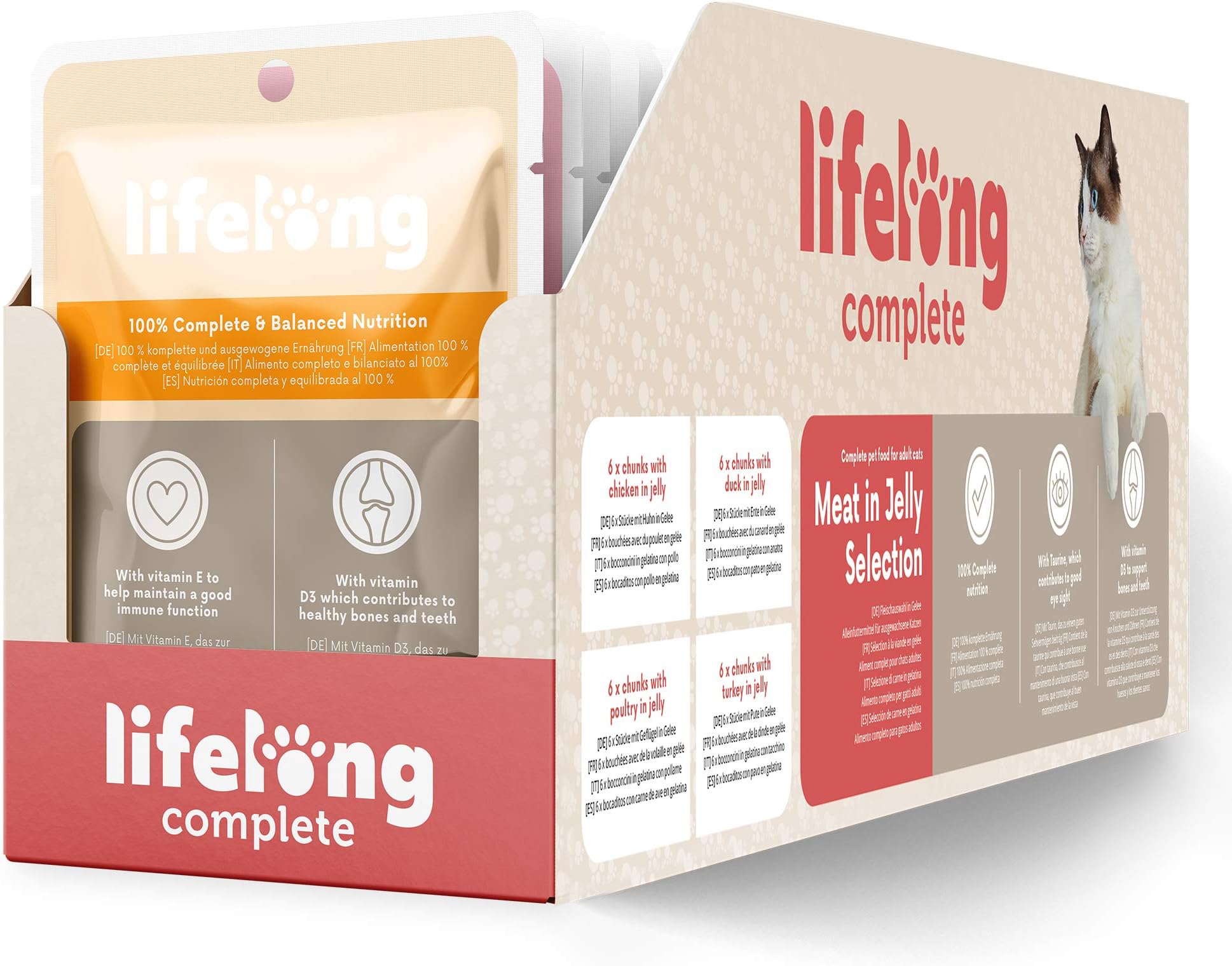 Amazon Brand - Lifelong Complete pet food for adult cats - Meat in Jelly Selection, 9.6 kg (96 pouches x 100g)