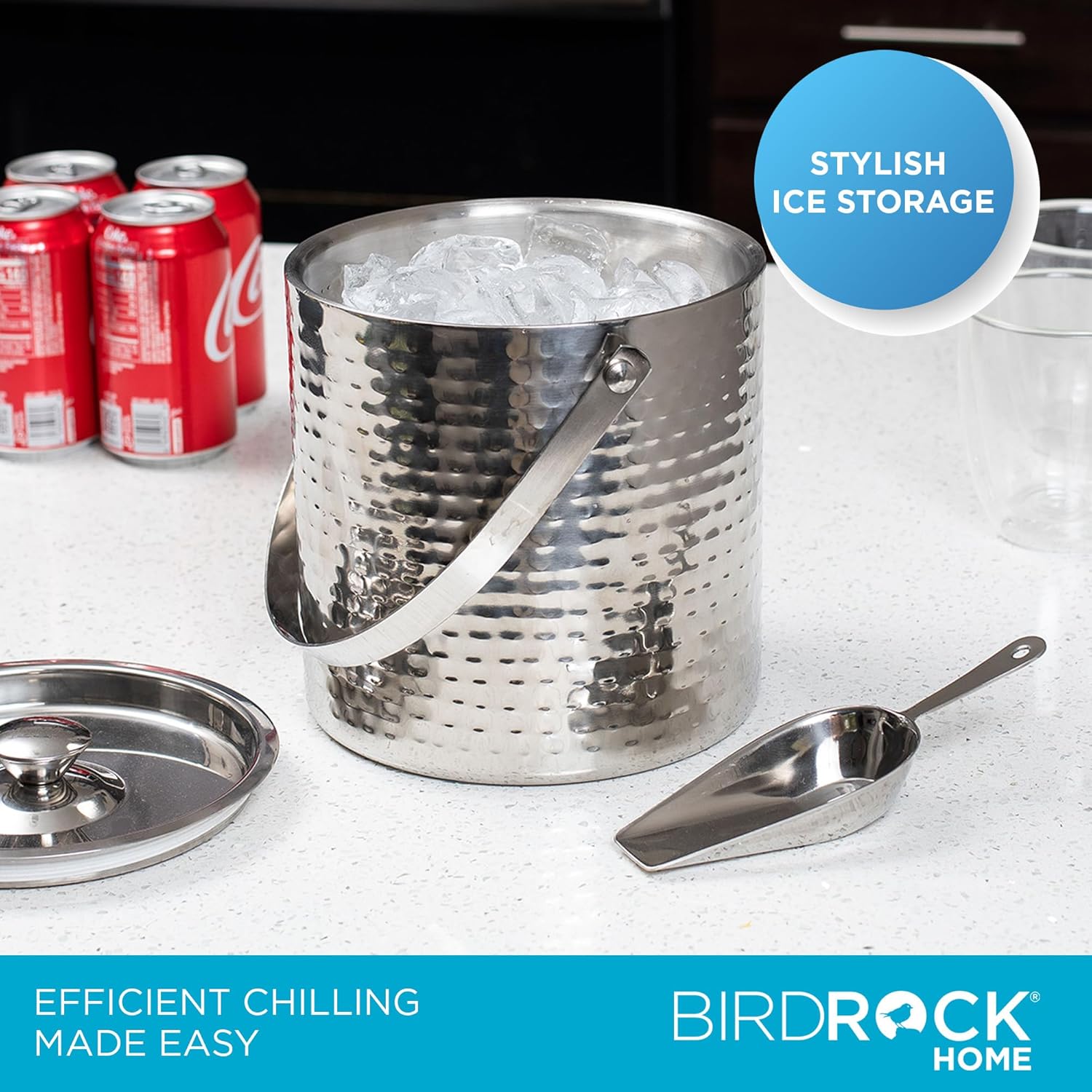 BIRDROCK HOME Ice Bucket with Scoop & Lid - 2.8 Liter Hammered 18/8 Stainless Steel Double Wall Insulated Container with Carrying Handle - Ideal for Parties, Cocktails, and Beverages - Silver