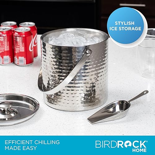 Miniatura 5 de BIRDROCK HOME Cubo de hielo con cuchara y tapa, 2.8 litros martillado de acero inoxidable 188 con aislamiento de doble pared con asa de transporte,