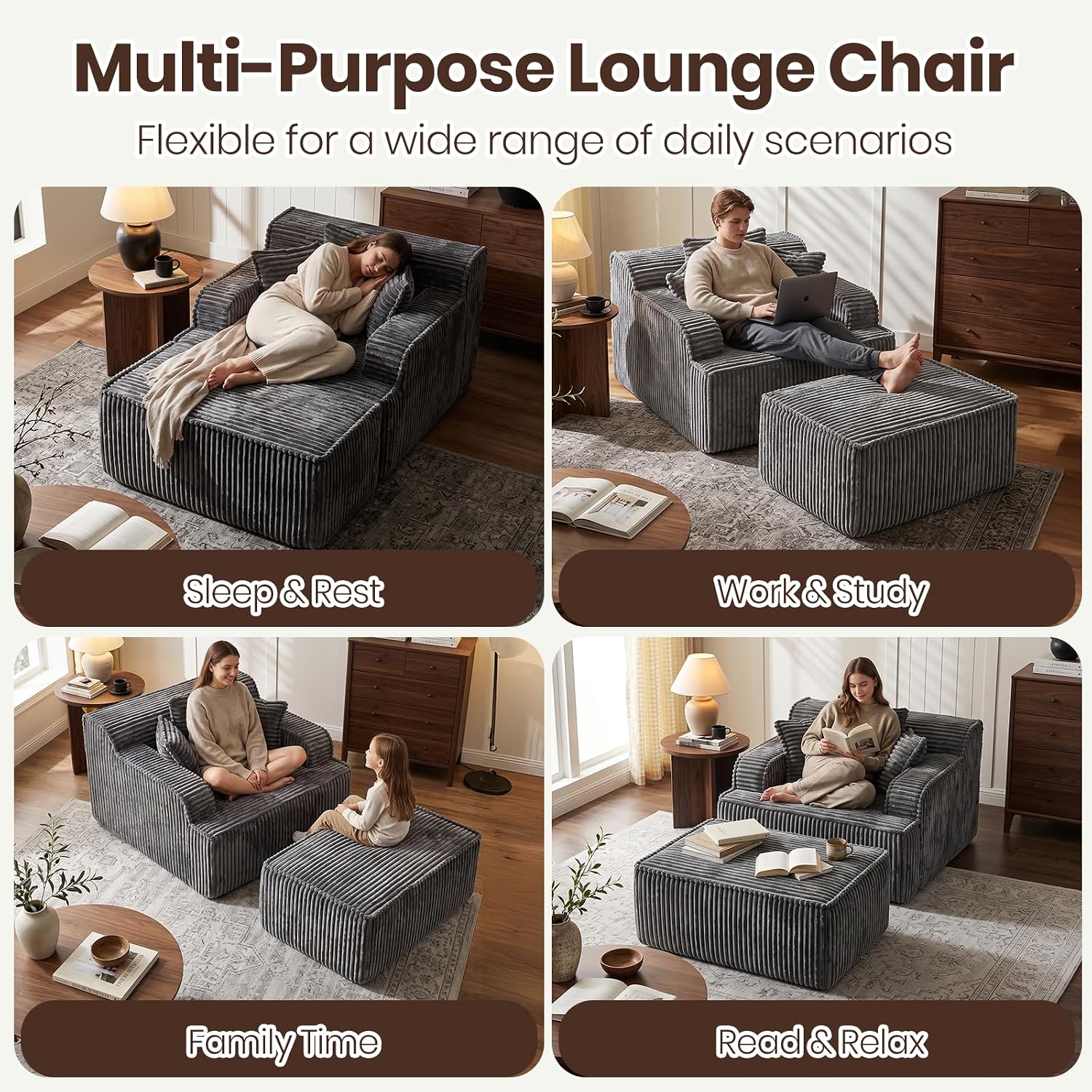 Corduroy Chaise Lounge Chair with Detachable Ottoman, Convertible Modular Reading Chaise Lounge, High-Density Foam Single Person Relaxation Chair for Living Room,Apartment,Small Spaces