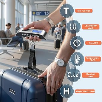 travel inspira Digital Luggage Scale Portable Hanging Suitcase Weight Scale for Travel, 110 lb Capacity, Backlit LCD Display, Prevents Airport Overweight Fees, Battery Included
