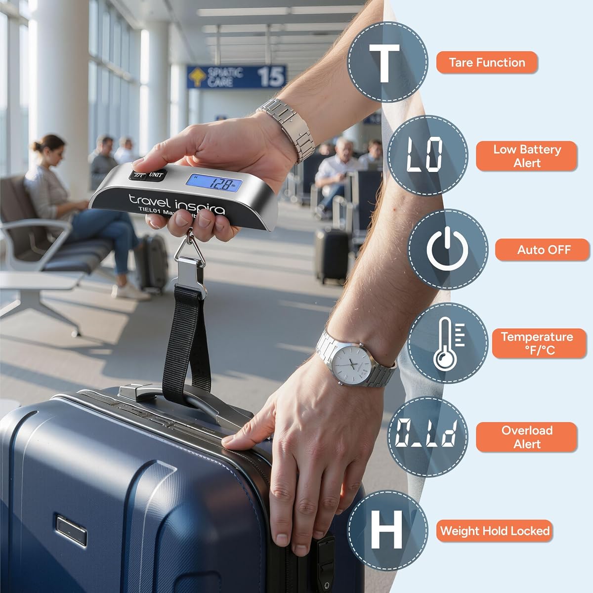 travel inspira Digital Luggage Scale – Portable Hanging Suitcase Weight Scale for Travel, 110 lb Capacity, Backlit LCD Display, Prevents Airport Overweight Fees, Battery Included Silver image 1