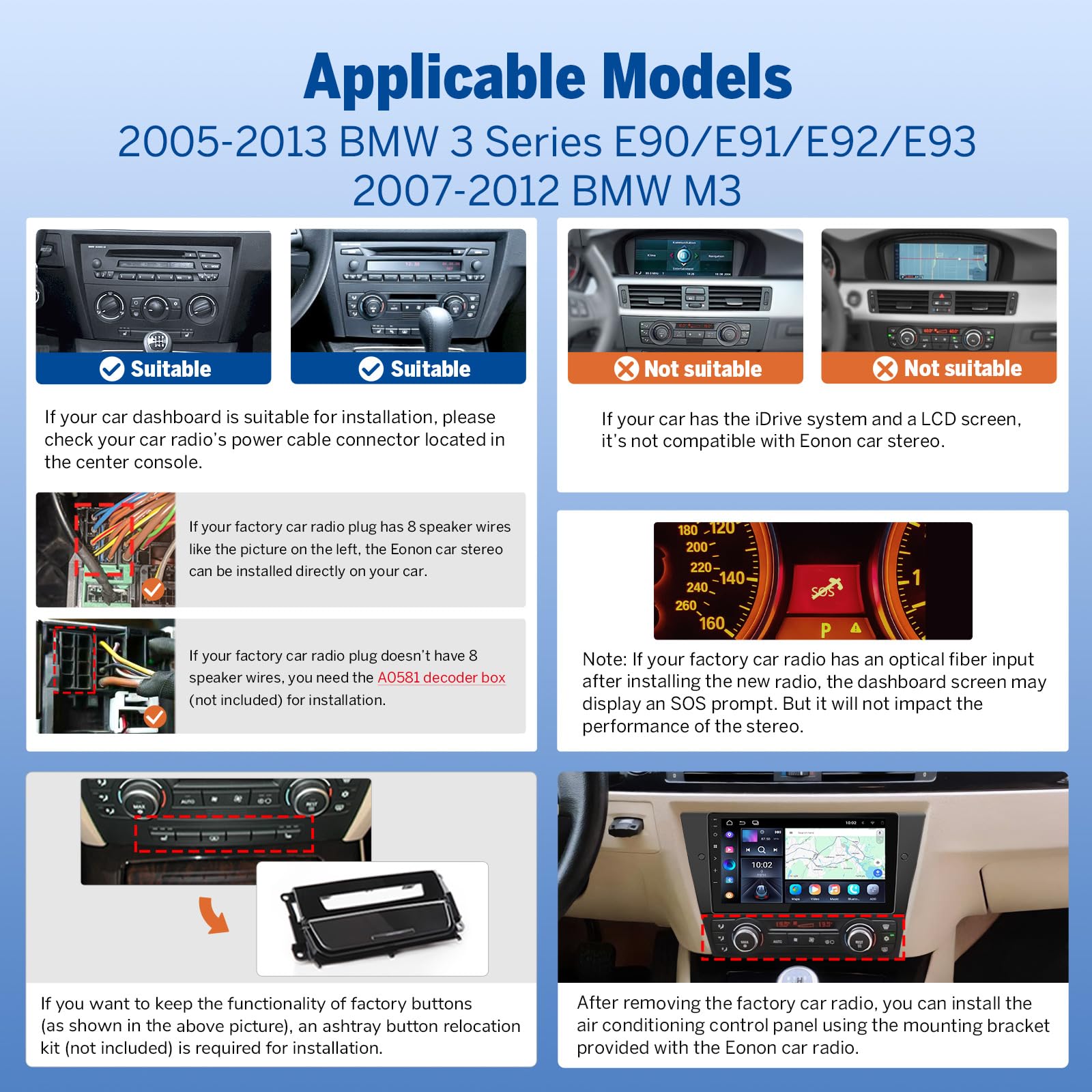 Eonon 9 Pollici Android 14 per BMW 3 E90 E91 E92 E93 (2005-2013) GPS CarPlay Android Auto Specchio Schermo Bluetooth WiFi Radio USB EQ DSP Telecamera Posteriore Autoradio E90X7