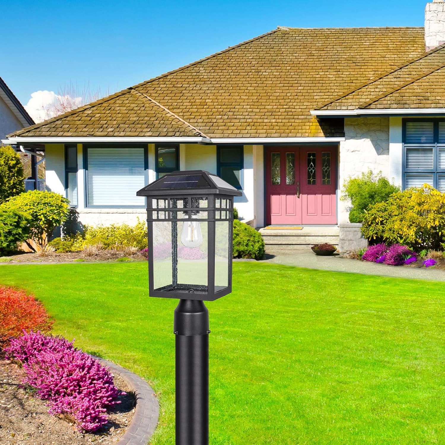 Solar Outdoor Post Light Fixtures, Modern Exterior Pillar Lanterns with Black Finish & Seeded Glass, Dusk to Dawn Outside Pole Lights for Garden, Backyard, Courtyard, Patio, Pathway, 2 Pack