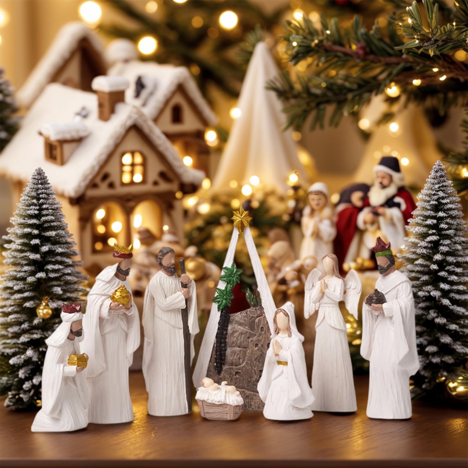 Ensemble de crèche de Noël (8 pièces) Moderne en résine Blanche - Figurines scène la Nativité - Ornements Table religieu