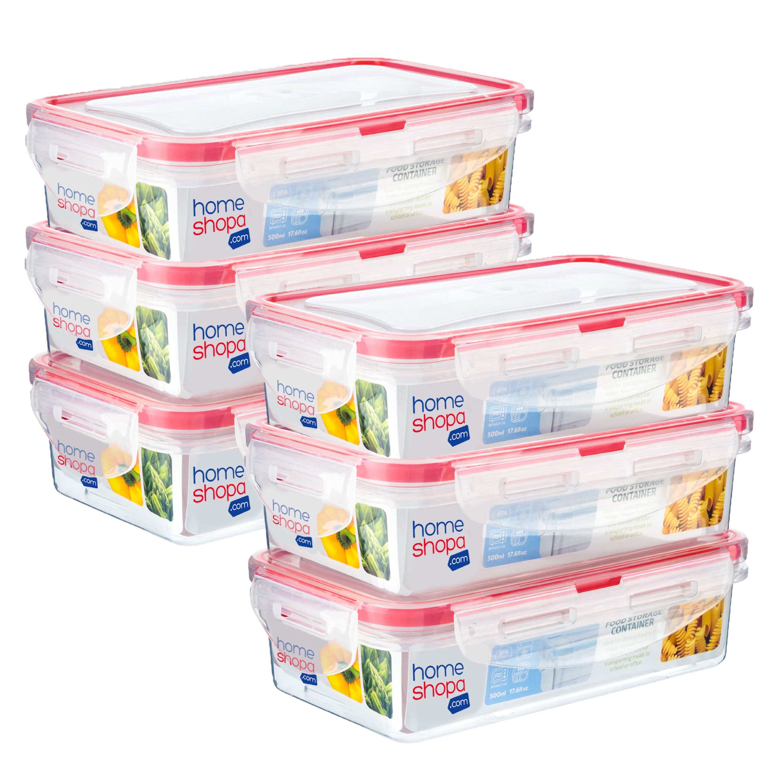 HOMESHOPA Plastic Airtight Food Storage Containers, 6 Pack 500ml BPA Free Leakproof Stackable Reusable Lunch Boxes, Meal Prep Container for Kitchen & Pantry, Microwave Freezer Dishwasher Safe